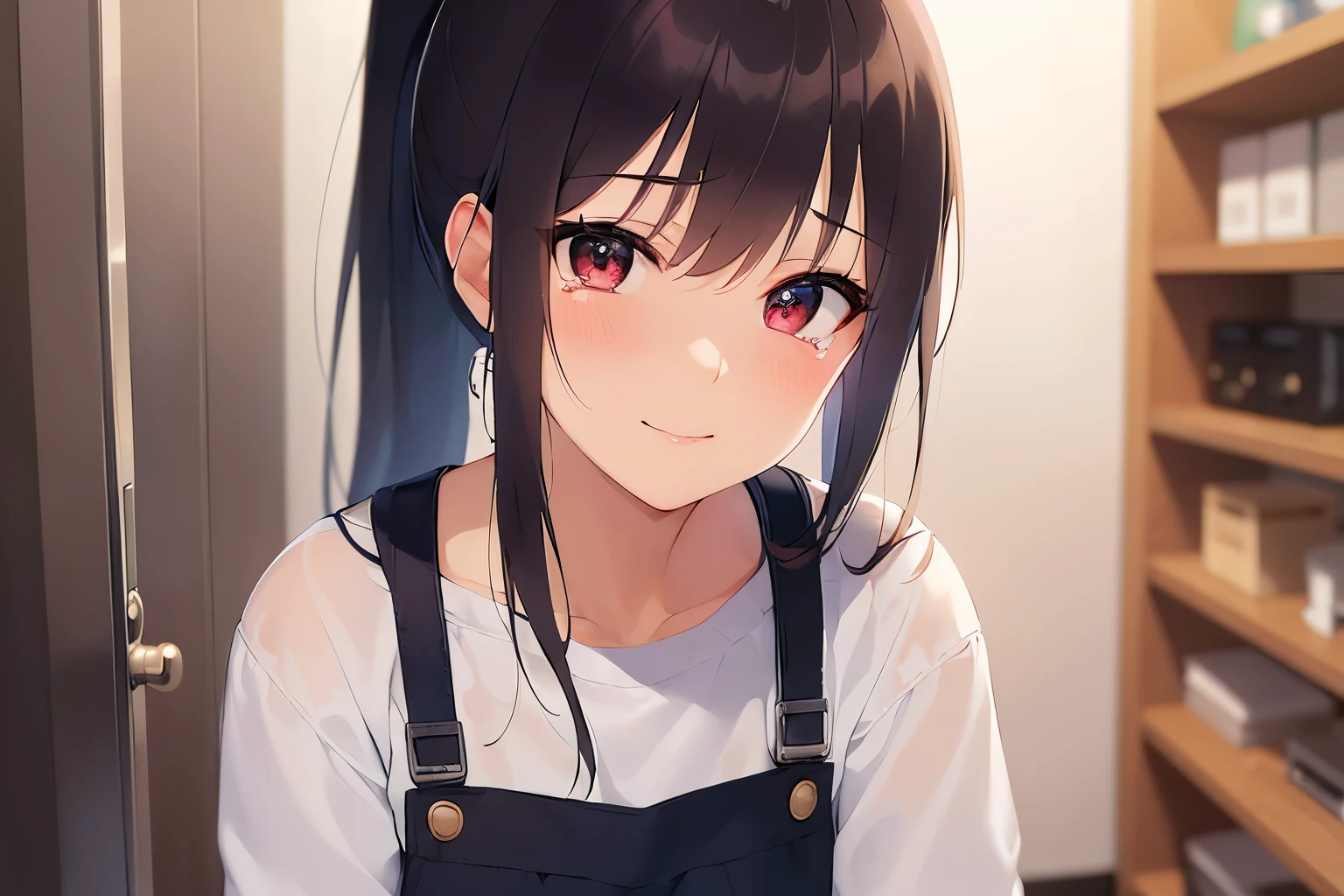 Touching cheek, high quality、masterpiece、Realistic, real person, RAW photo, photorealistic, portrait photography, shiny skin, japanese idol、shiny hair、(25 year old woman with black bangs) and (ponytail:1.2) and (red eyes), curvy, He wears a plain white shirt with long sleeves., (wearing a red apron:1.3)、 (sad smile:1.3), tears, The background is the washroom、washing machine、shelf