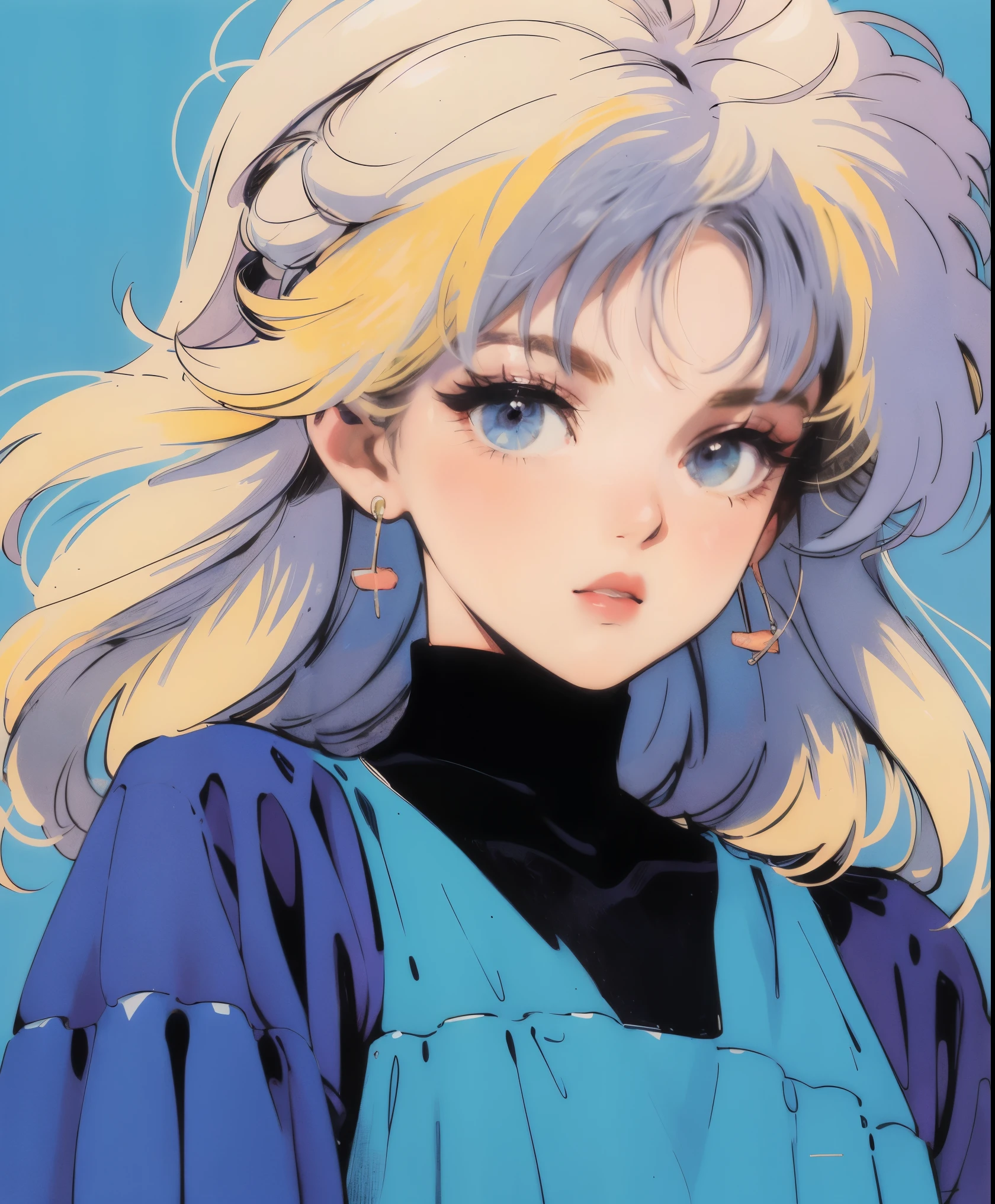 muted pastel colors, Retro anime, аниме 1990-х, 1980s anime, brushstrokes, Anime style, 1 girl, 独奏, yellow hair strokes, kblack eyes, blue dress, upper-body, Big Face, Simple background