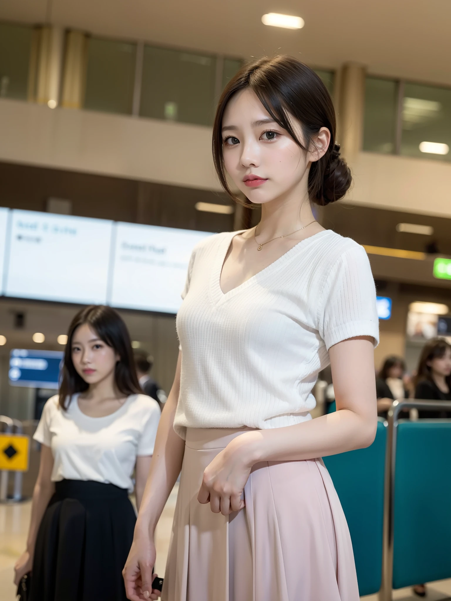 ((Best of the highest quality, 8k, Masterpiece: 1.3, raw photo)), Sharp focus: 1.2, (1 AESPA girl: 1.1), (Solo: 1.18), (realistic, photo-realistic:1.37), face focus, cute face, finely eyes, (Small breasts, flat chest, Thigh: 1.3), short messy hair, updo, (full nude, skirt, standing, from below: 1.2), terminal, airport,