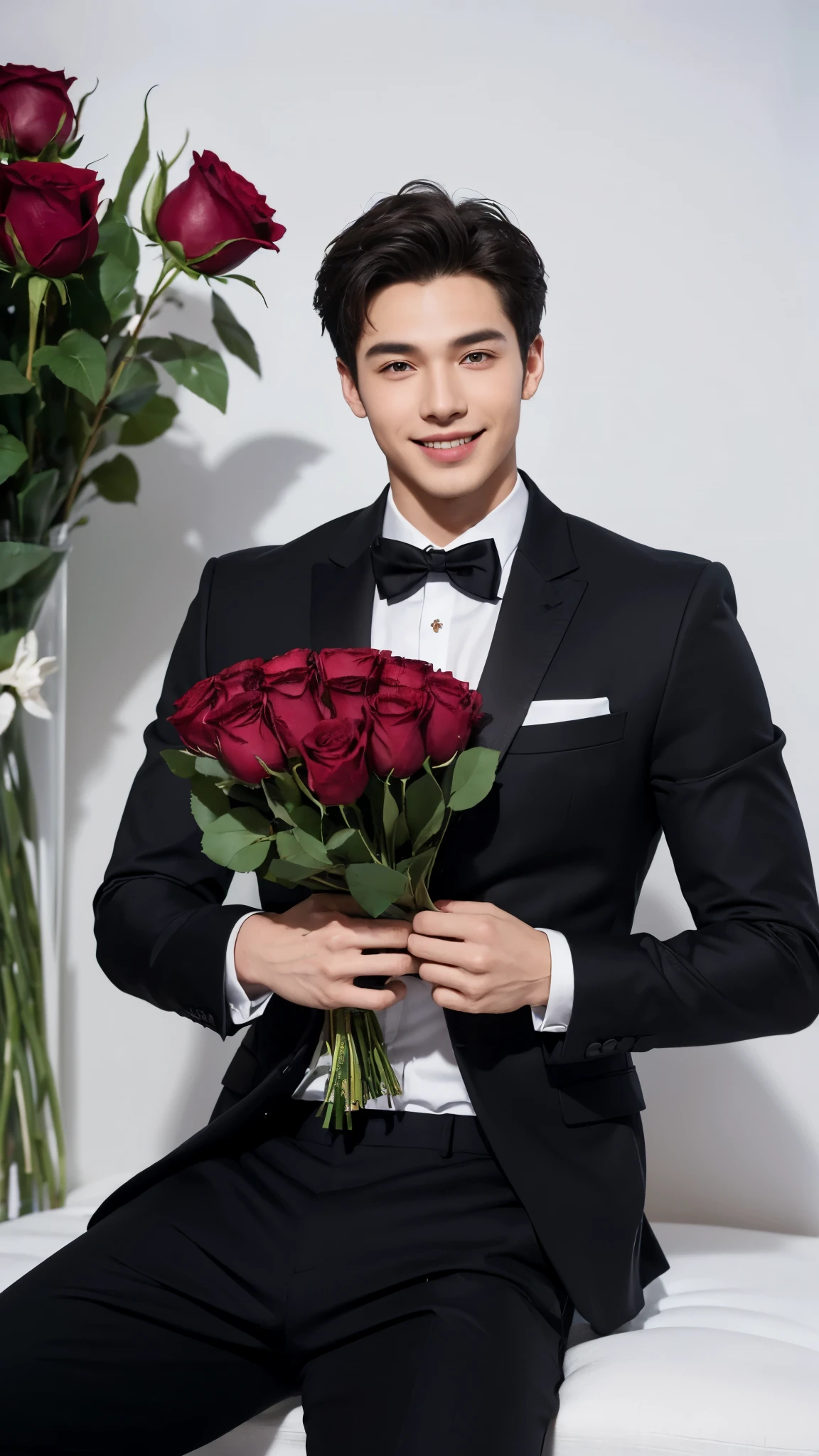 (hlaf body potraid:1.3),front view,cute,smile,Superior Quality, Masterpiece, beautiful hand,Ultra High Resolution,(Photorealistic: 1.4),Portrait of a handsome young man wearing black suit inside white studio room with lots of flowers, he is holding a bundle of roses to celetrate valentine's day,valentine style,plain background,front view