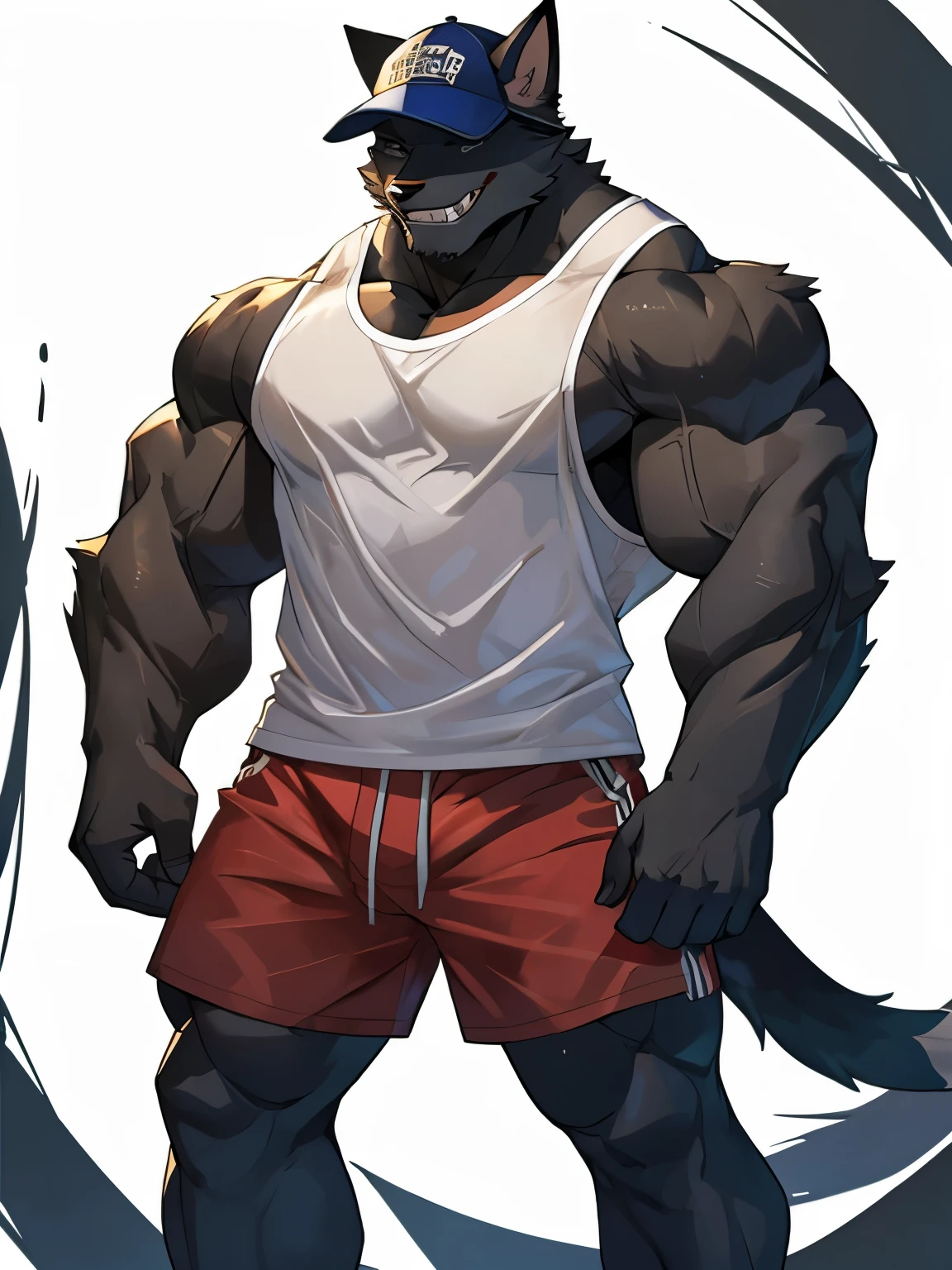 Cat, good looking, male, anthro, shorts, ultradetailed, muscular, solo, bareness, rippling muscles, muscles, simple background, white background, tail, cap, obscured eyes, smile, sleeveless shirt, two-tone fur, sharp teeth,