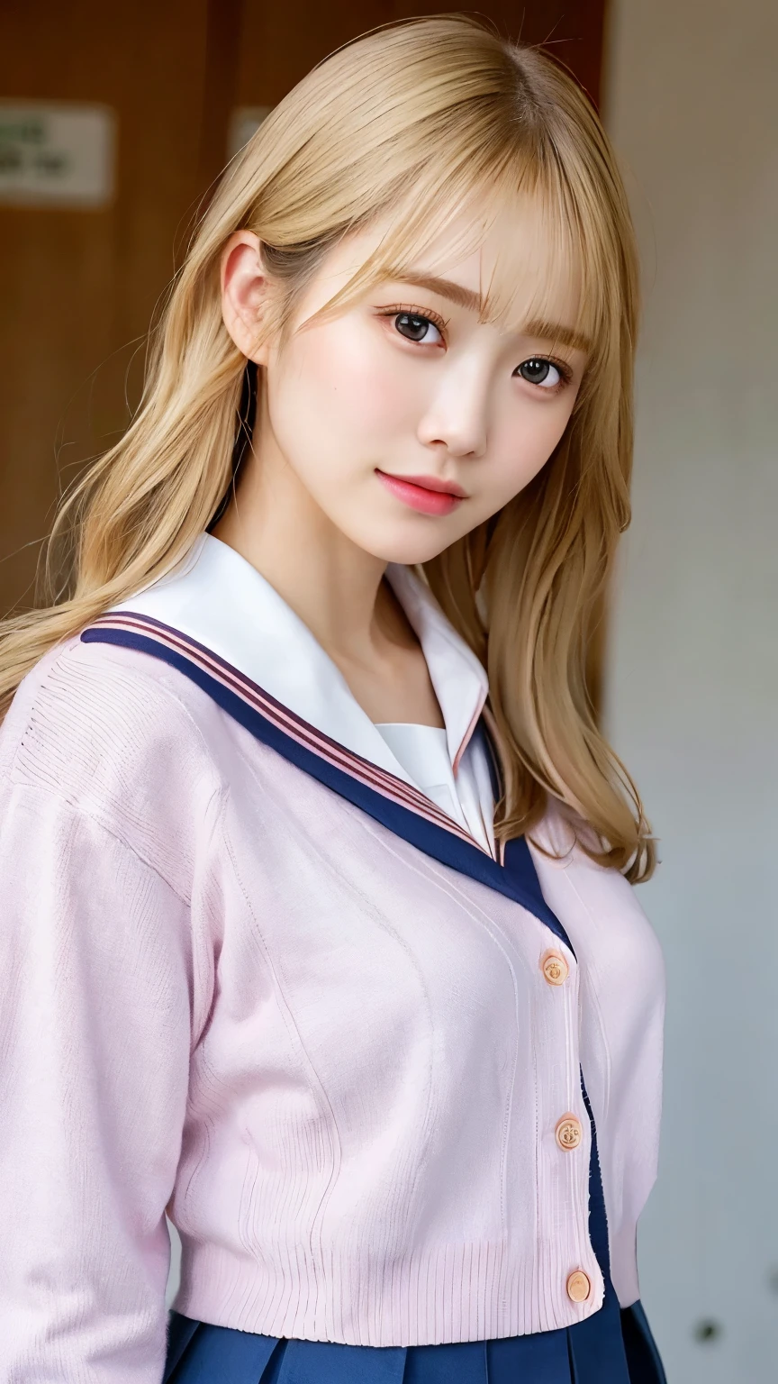 (Masterpiece, BestQuality,perfect anatomy, extremely detailed:1.3), (ultra detailed 8k cg:1.2), (hyperrealistic:1.35), (Photorealistic:1.45), (realistic:1.4),(beautiful detail eyes:1.3),BREAK
(upper body:1.3),1 beautiful girl, (25 years old:1.2), (sailor:1.2),super model, ((big breasts:1.2)),((school uniform, pink cardigan, jupe unfall)),BREAK
(shoot from below:1.2),BREAK
medium hair,
blonde dip-dye hair,
__expression__,
oily skin,
