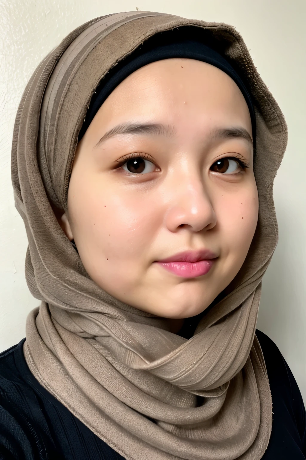 image of a chubby 30 year old woman's face, wearing a hijab, original Indonesian face, wearing a sweater, very detailed image,((best quality)), ((masterpiece)), (detailed), perfect face