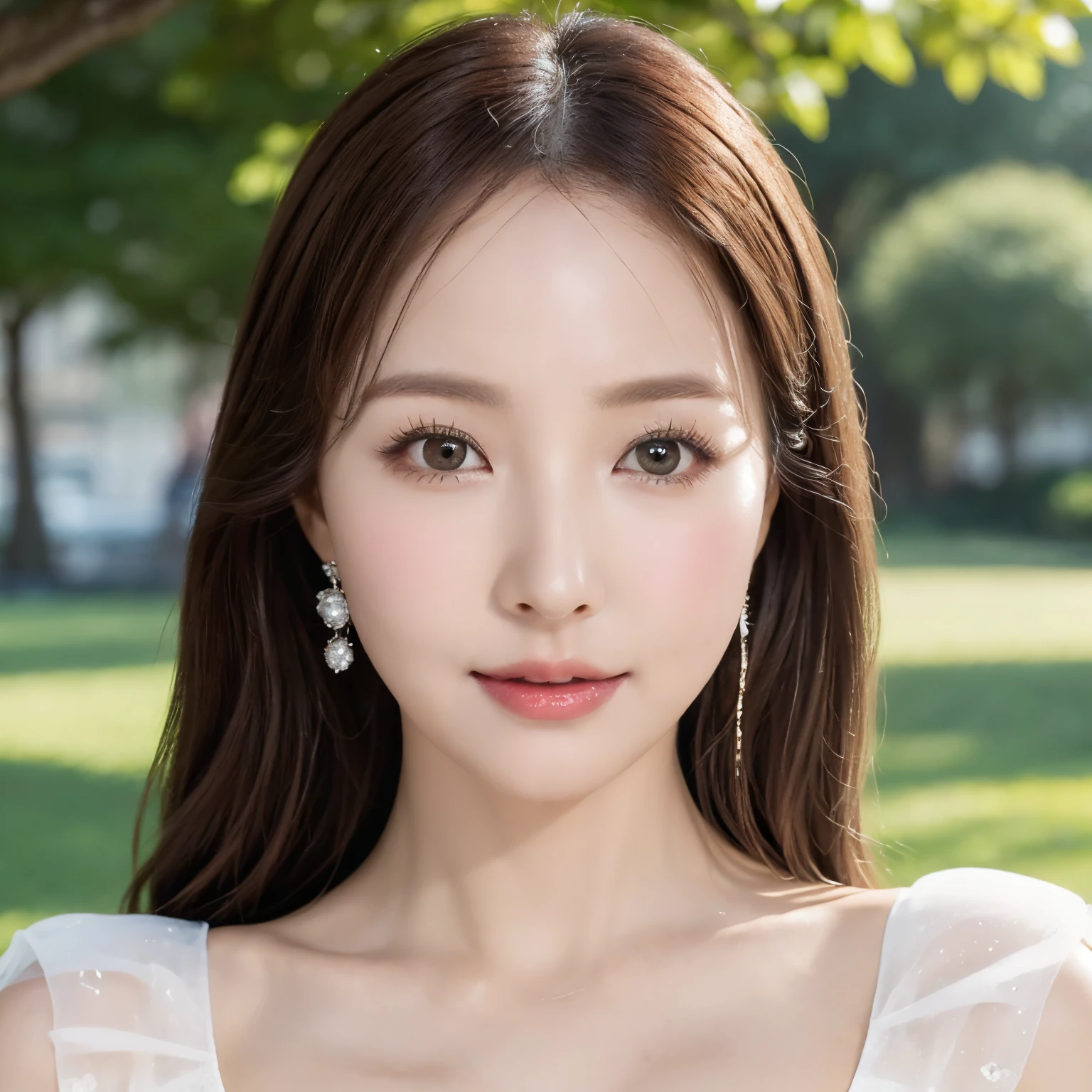 (highest quality、table top、8K、best image quality、Award-winning work)、one beautiful woman、Shining beautiful skin、(The most elegant white dress:1.2)、Shiny ultra-high definition skin、(accurate anatomy:1.1)、A gentle smile looking at me、(photo from the chest up:1.1)、Standing gracefully、(Blurry park background:1.3)、portrait photography、(draw softly and smoothly:1.1)、very romantic、光を受けてShining beautiful skin、(the most moody and romantic:1.2)、(the most detailed and perfect face:1.1)、(The most detailed sparkling eyes:1.1)、(Beautiful and moisturized skin:1.1)