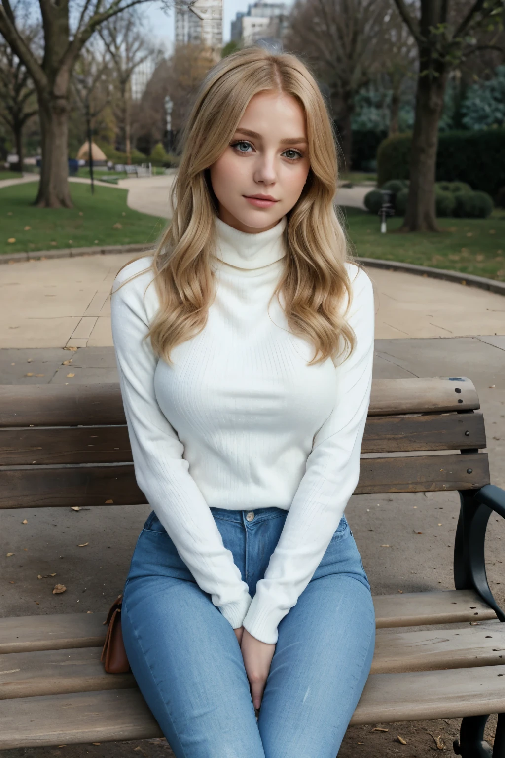 1人の女性、tmasterpiece、top-quality、The blonde、Wear turtleneck jumper and blue tight jeans、Large full breasts , sitting on a bench in a park 