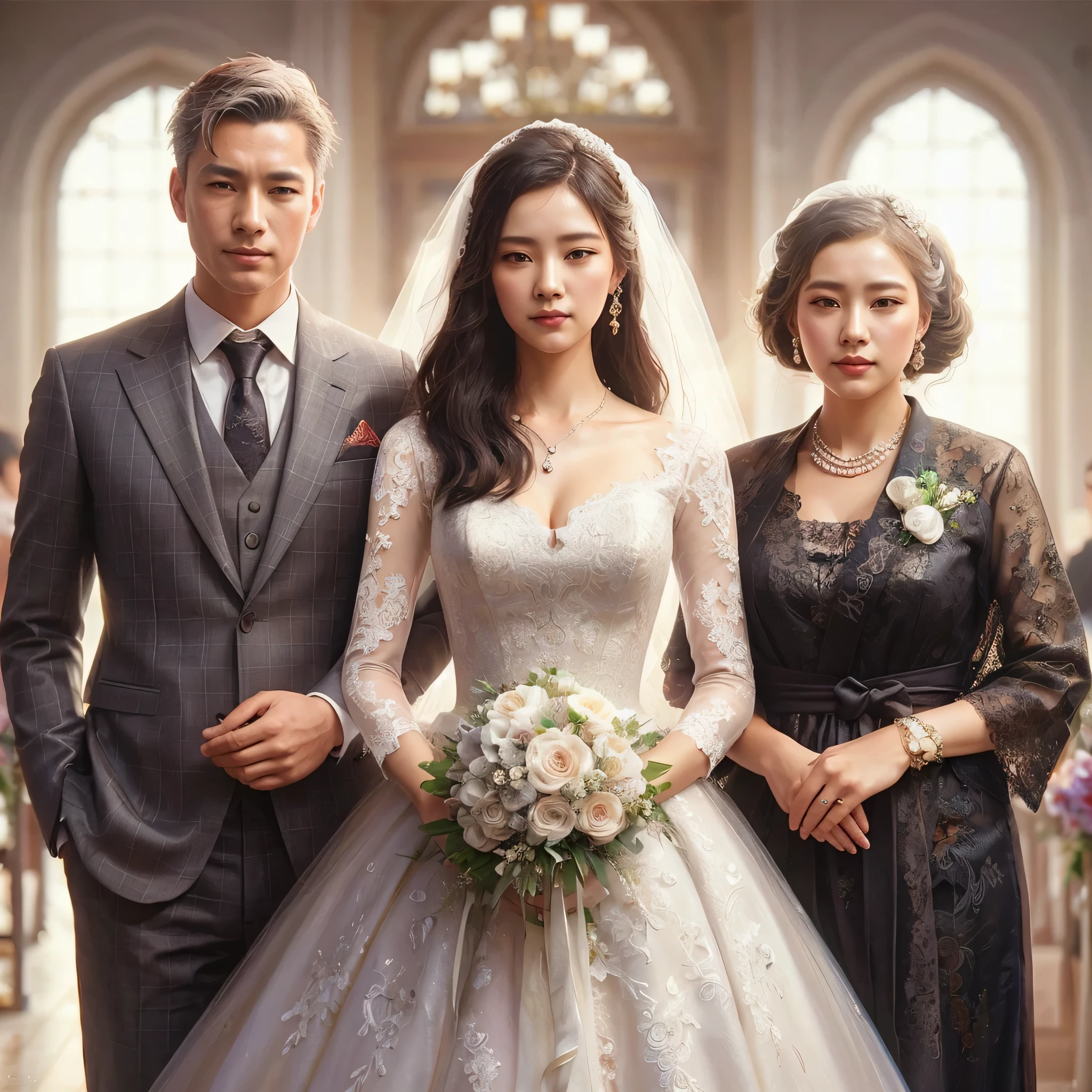 there are two people standing next to each other in a wedding dress, artwork in the style of guweiz, guweiz masterpiece, elegant digital painting, inspired by Sim Sa-jeong, by Ni Yuanlu, luxurious wedding, beautiful digital artwork, elegant photorealistic, realistic art style, high detailed official artwork, exquisite digital illustration, 8k high quality detailed art