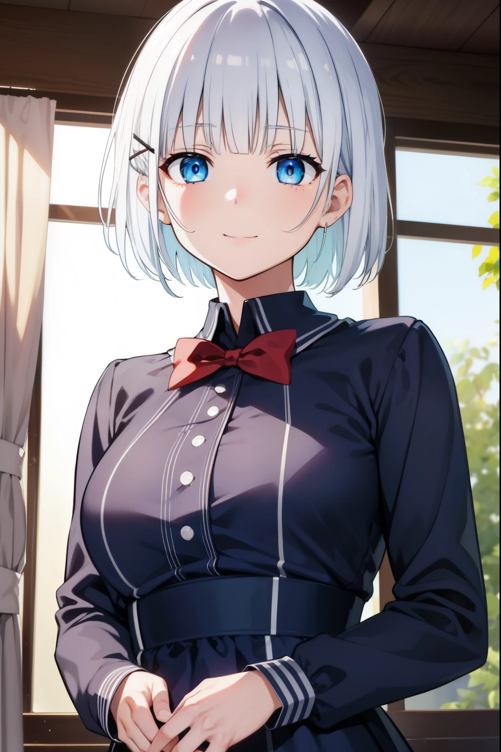 DetectiveSiesta, smile, short hair hair, explosions, eyes blue, shirt, hair decoration, long-sleeved, dress, bow, White hair, hairclip, blunt bangs, bowtie, red bow, x hair decoration, red necktie, Napping, (mediuml breasts:1.2), BREAK looking at viewer, Break outside, BREAK (巨作:1.2), Best Quality, high-resolution, unity 8k wallpaper, (illustration:0.8), (Beautiful Detailed Eyes:1.6), extremely detailed face, perfect illumination, highly detailed CG, (perfect hands, perfect anatomy),