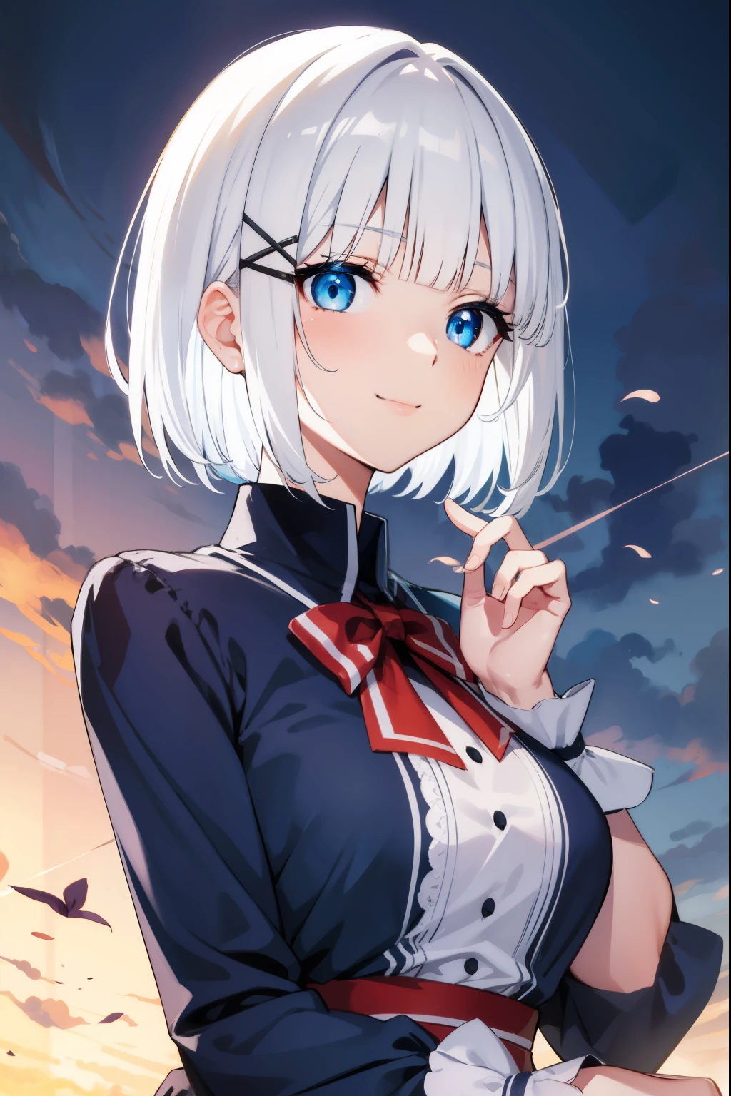 DetectiveSiesta, smile, short hair hair, explosions, eyes blue, shirt, hair decoration, long-sleeved, dress, bow, White hair, hairclip, blunt bangs, bowtie, red bow, x hair decoration, red necktie, Napping, (mediuml breasts:1.2), BREAK looking at viewer, Break outside, BREAK (巨作:1.2), Best Quality, high-resolution, unity 8k wallpaper, (illustration:0.8), (Beautiful Detailed Eyes:1.6), extremely detailed face, perfect illumination, highly detailed CG, (perfect hands, perfect anatomy),