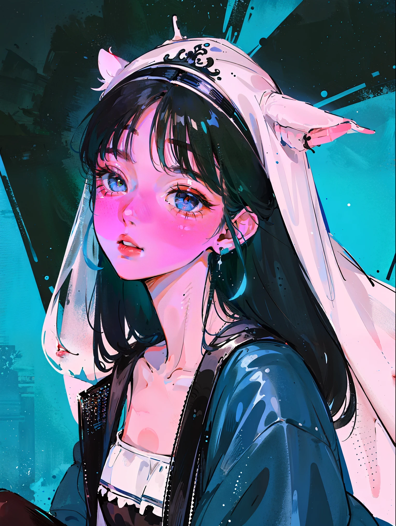 (Portrait:1.4), (masutepiece:1.2, Best Quality:1.2), bottom-up, Full body, 1 girl with short black hair with fringe, blue highlight, Solo, Looking down, Face Focus, Extreme facial details, Cool eyes, extremely detailed eye, goodlooking, makeup, Fingers on lips, blue Eyes, Thin, slim, white fur coat, Black tights, earrings, (Marco) Cafe)