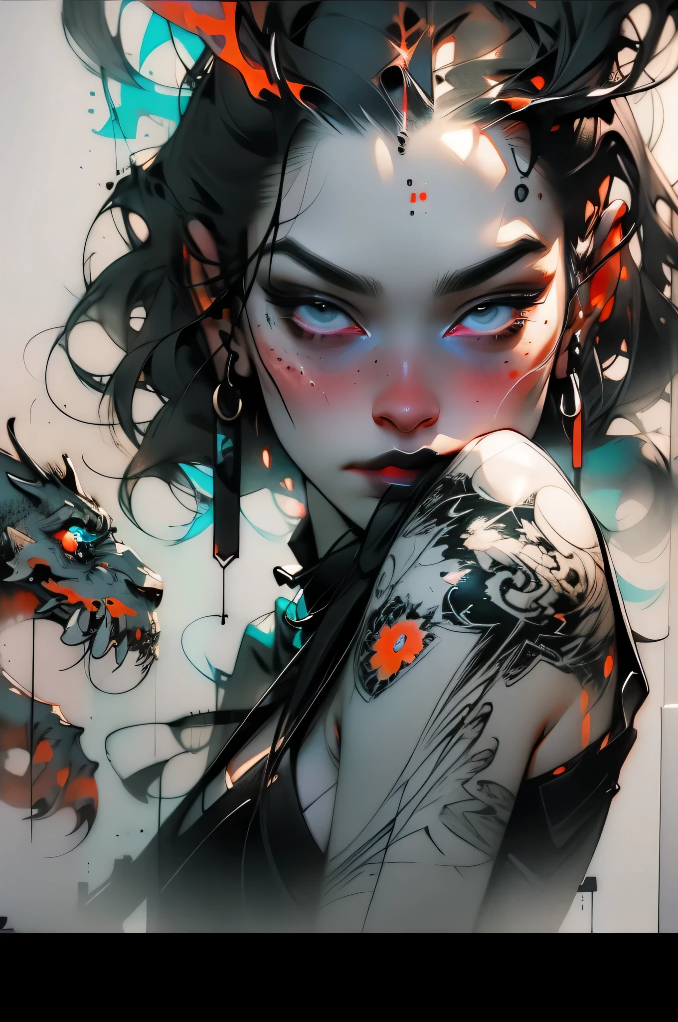 Watercolor Touch、a woman by agnes cecile, Towering forever, pale colours, ink drips, spot lights,Artistic,black and orange、mirror、bao phan、suffering