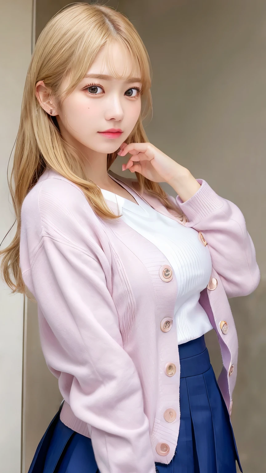 (Masterpiece, BestQuality,perfect anatomy, extremely detailed:1.3), (ultra detailed 8k cg:1.2), (hyperrealistic:1.35), (Photorealistic:1.45), (realistic:1.4),(beautiful detail eyes:1.3),BREAK
(upper body:1.3),1 beautiful girl, (25 years old:1.2), (sailor:1.2),super model, ((big breasts:1.2)),((school uniform, pink cardigan, jupe unfall)),BREAK
(shoot from below:1.2),BREAK
medium hair,
blonde dip-dye hair,
__expression__,
oily skin,