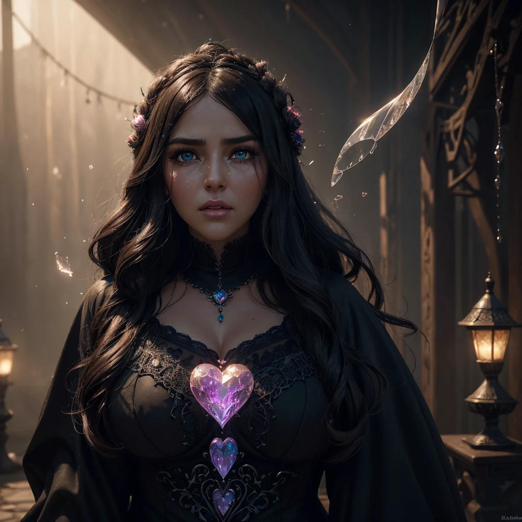 (((One bbw brunette woman))), wind blown hair, abaya, Eden, ethereal, (8K HDR 0.8) (Cinematic lighting 0.9) (Ultra-detailed and complex elements 0.7), (Broken heart), (valentine background 1.1) iridescent, (crying Emotions 1.2), shattered hearts, teardrops, ((djellaba)), tears dripping, crying blood, bloody heart, lost soul, big heart with mini broken hearts inside, fantasy, cinema 4d, polished, colorful, intricate, eldritch, ethereal, vibrant, surrealism, surrealism, vray, nvdia ray tracing, cryengine, magical, 4k, 8k, masterpiece, crystal, glowing, essence, looking straight