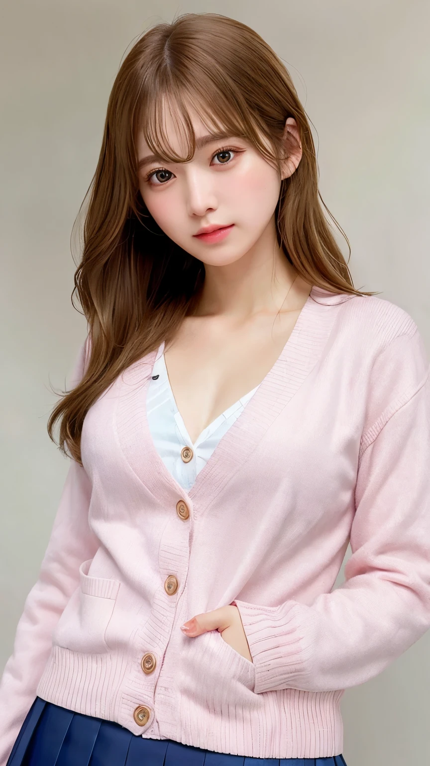 (Masterpiece, BestQuality,perfect anatomy, extremely detailed:1.3), (ultra detailed 8k cg:1.2), (hyperrealistic:1.35), (Photorealistic:1.45), (realistic:1.4),(beautiful detail eyes:1.3),BREAK
(upper body:1.3),1 beautiful girl, (25 years old:1.2), (sailor:1.2),super model, ((big breasts:1.2)),((school uniform, pink cardigan, jupe unfall)),BREAK
(shoot from below:1.2),BREAK
medium hair,
blonde dip-dye hair,
__expression__,
oily skin,