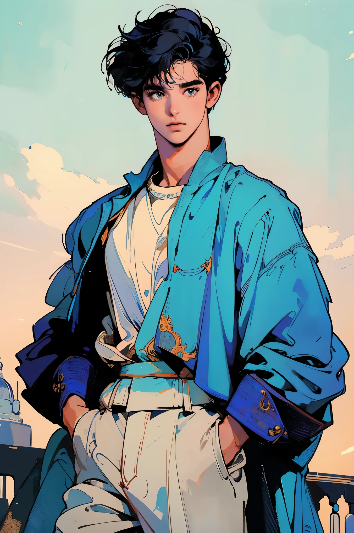 1 ((boy)) , mage, hat, extremely detailed, looking at viewer (masterpiece, best quality: 1.2), male man, boy, Aladdin, handsome, details clothes