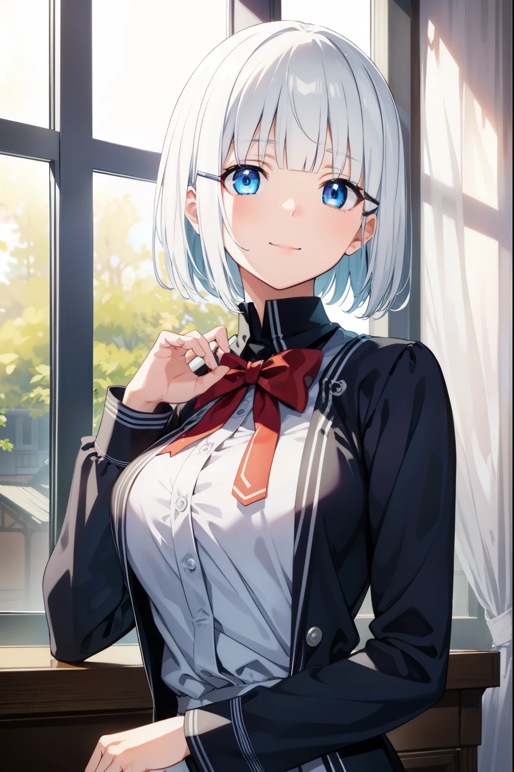 DetectiveSiesta, smile, short hair hair, explosions, eyes blue, shirt, hair decoration, long-sleeved, dress, bow, White hair, hairclip, blunt bangs, bowtie, red bow, x hair decoration, red necktie, Napping, (mediuml breasts:1.2), BREAK looking at viewer, Break outside, BREAK (巨作:1.2), Best Quality, high-resolution, unity 8k wallpaper, (illustration:0.8), (Beautiful Detailed Eyes:1.6), extremely detailed face, perfect illumination, highly detailed CG, (perfect hands, perfect anatomy),