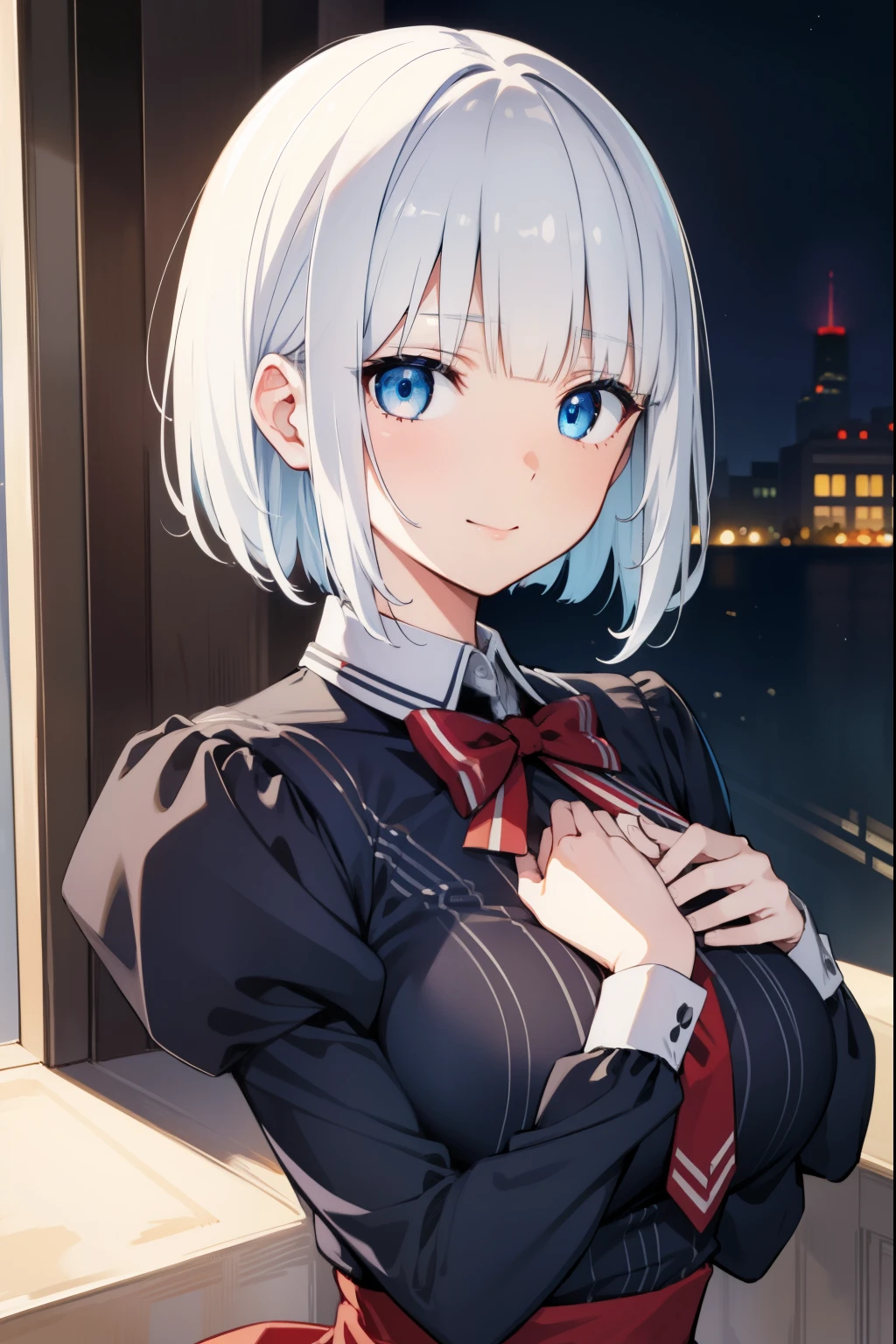 DetectiveSiesta, smile, short hair hair, explosions, eyes blue, shirt, hair decoration, long-sleeved, dress, bow, White hair, hairclip, blunt bangs, bowtie, red bow, x hair decoration, red necktie, Napping, (mediuml breasts:1.2), BREAK looking at viewer, Break outside, BREAK (巨作:1.2), Best Quality, high-resolution, unity 8k wallpaper, (illustration:0.8), (Beautiful Detailed Eyes:1.6), extremely detailed face, perfect illumination, highly detailed CG, (perfect hands, perfect anatomy),