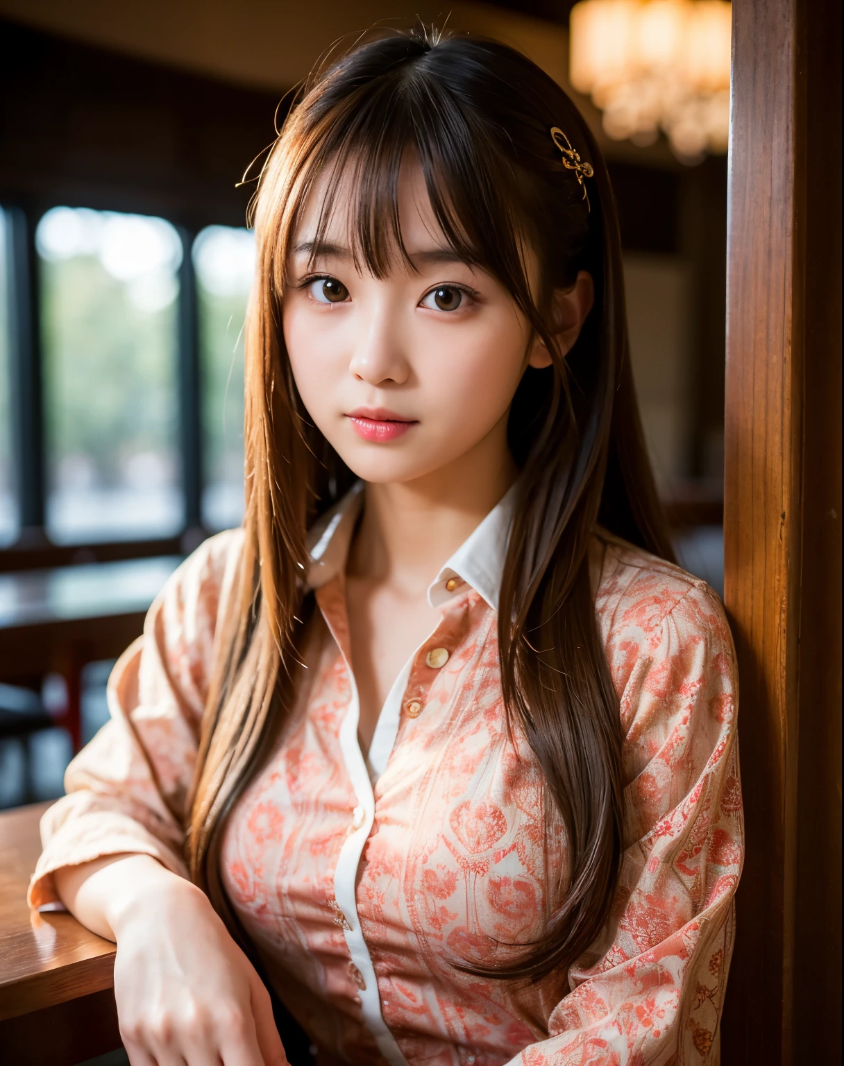 best quality, Half focus, soft light, Ultra high resolution, (realistic:1.4), raw photos,
1 Japanese girl, alone, cute, (student, Fire in the eyes),  Beautiful, detailed face, (),(High-resolution details of human surfaces),
(long hair),
indoor,
Damask Shirt Dress,
(Portrait)