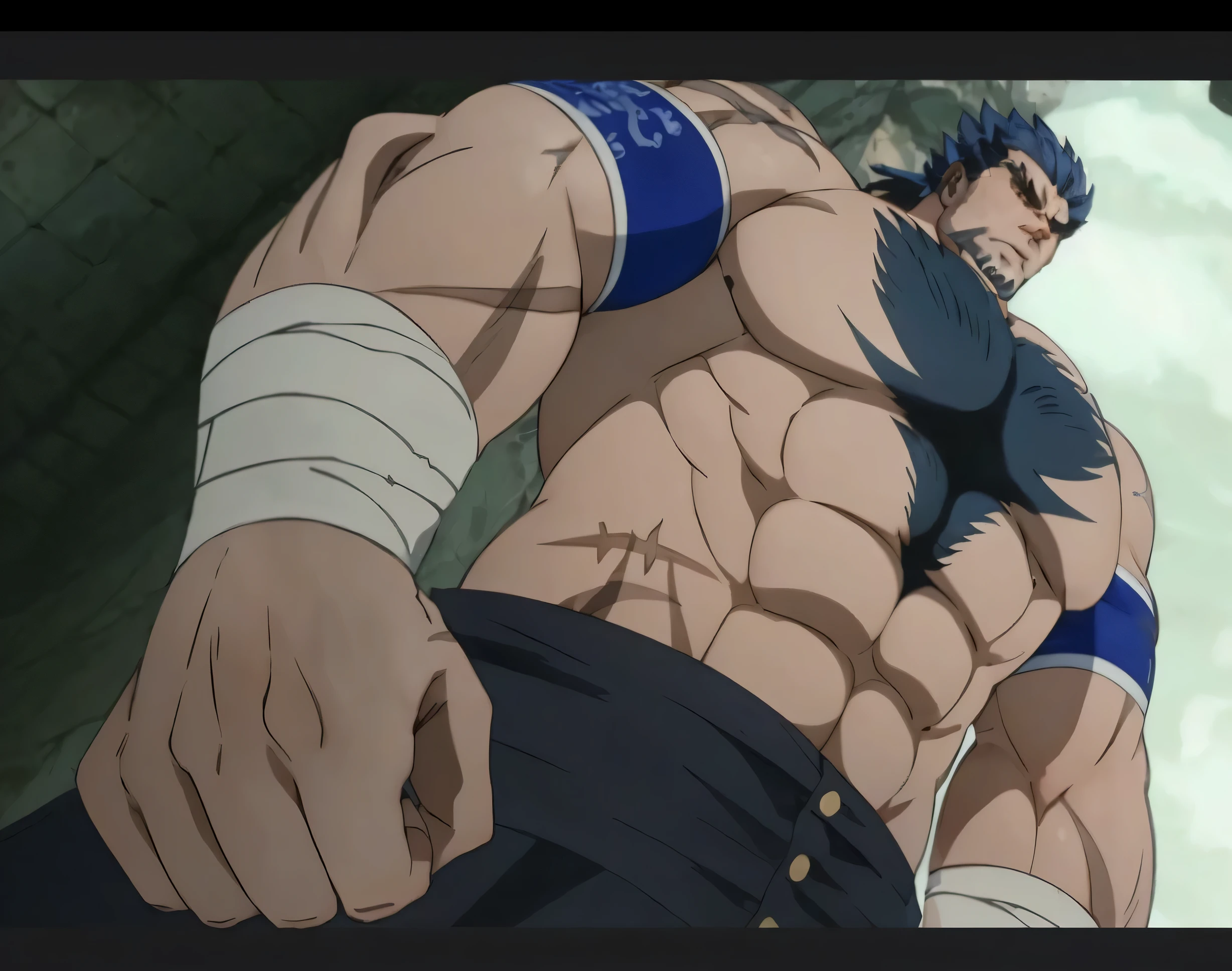A muscular middle-aged man,big deal, beefy pectorals,dark blue hair,Gladiator,Thick chest hair