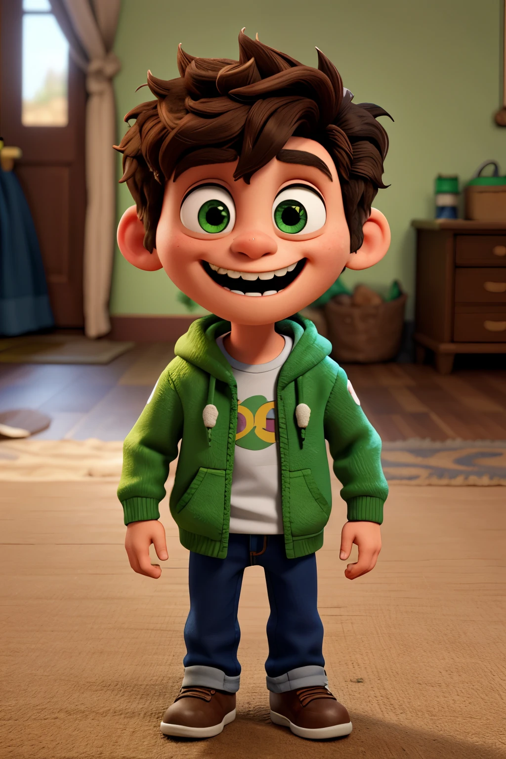 Masterpiece of  frakenstien’s monster in ultra-detailed top-quality, with brown hair and green eyes, standing full-body in a Pixar style, super cute and charming with big, surreal, and illusionary engines. The smile on his face is full and bright. This masterpiece is a blind box figure, intricately designed in 8k resolution, showcasing every detail from his hoodie featuring his dad Frankenstein’s monster and jeans to the carpet beneath his feet.