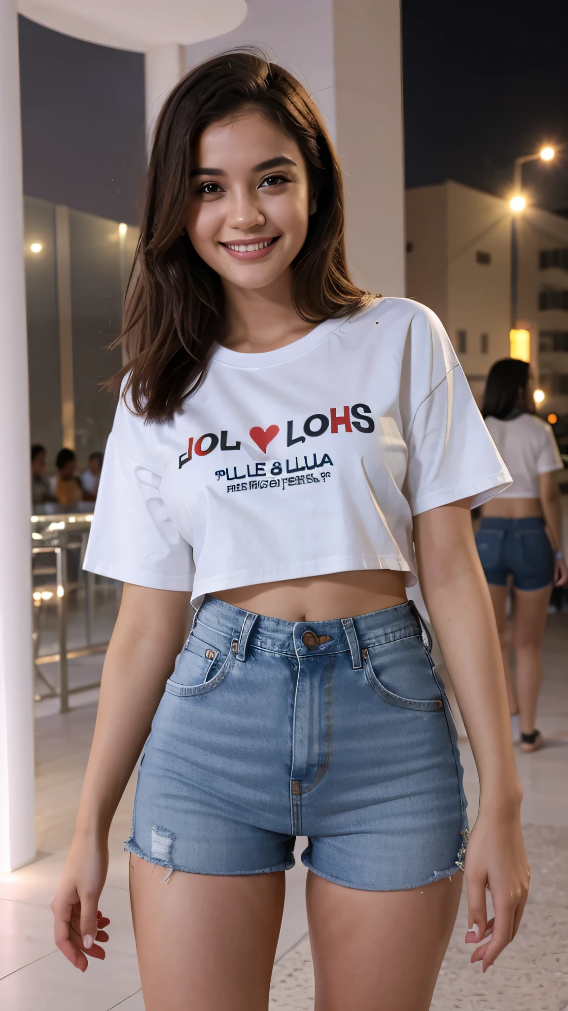 girl in Dubai wearing jeans shorts and a t-shirt smiling face romantic night with a light party mood full length