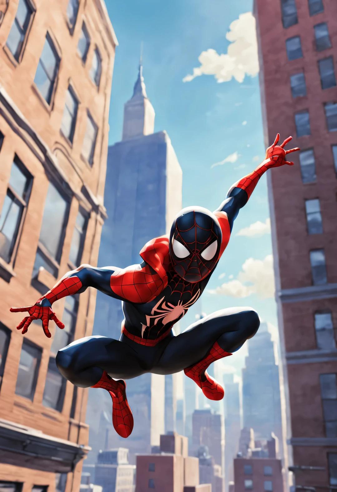 Miles Morales Spider-Man jumps from the building, epic scenery, dynamic background, Extremely detailed, complex, Illustration by Ilya Kuvshinov, Ayami Kojima, don bluth, Scott Campbell, artgerm--ar 1:2 -- 5 medium