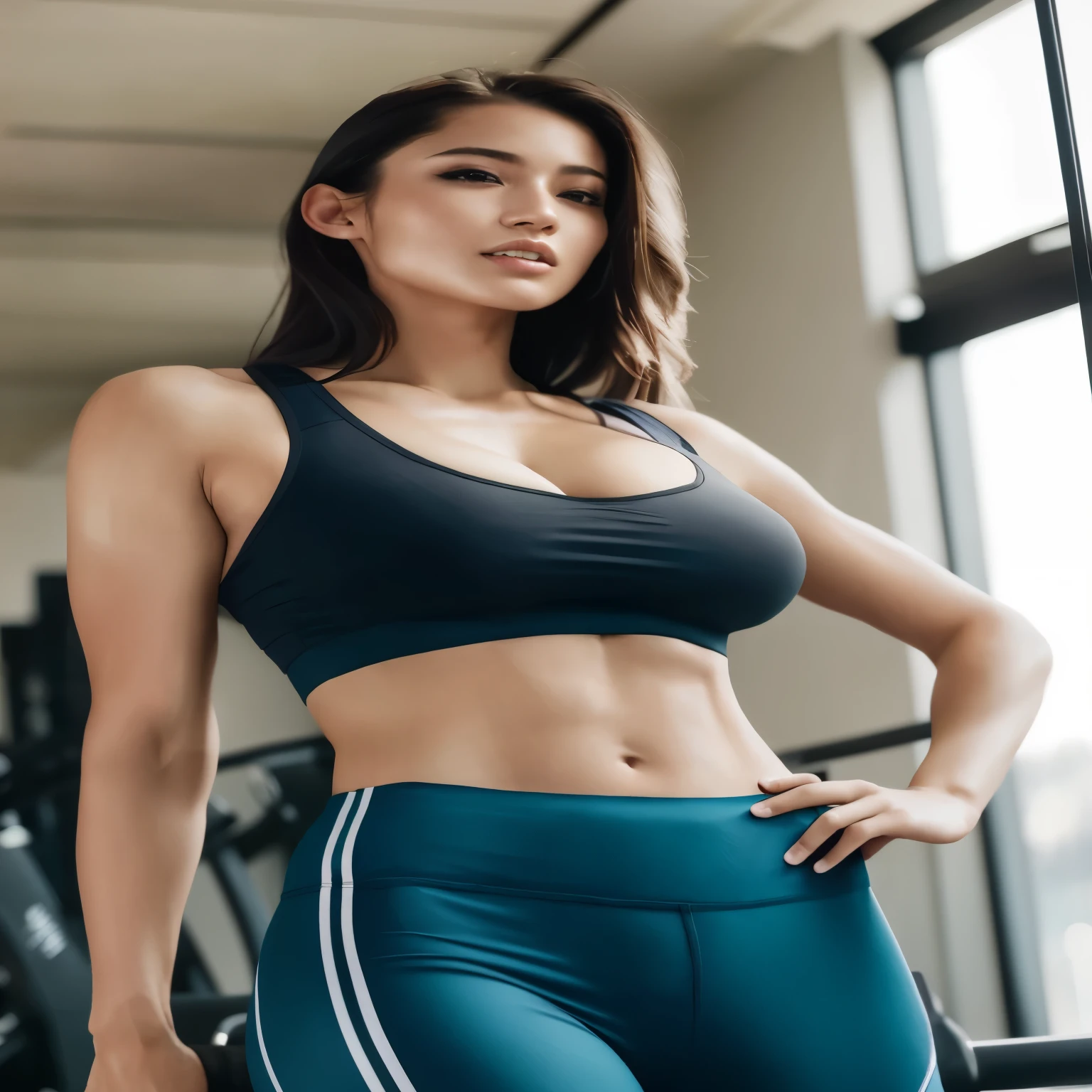 a close up of a woman in a sports bra top and leggings, attractive body, fit girl, sexy body, gorgeous young korean woman, sultry body with sexy belly, perfect body, sporty physique, attractive sporty physique, fitness model, fit body, attractive face and body, strong body, model with attractive body, smooth body, beautiful body and face