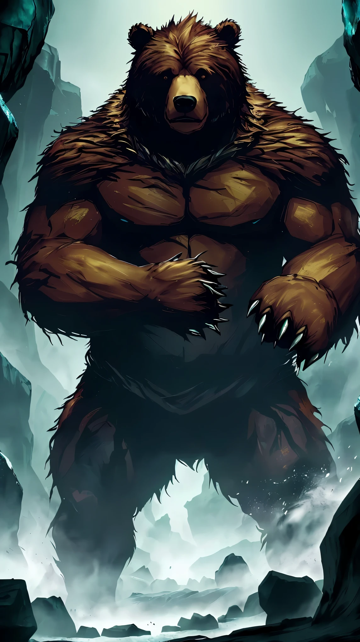 (8K, RAW photo, 最high quality, masterpiece:1.2), cinematic light, RPG design, dark fantasy graphics, huge bear, Became violent due to magic, animal monster, Bathed in blood in return、((A human with the ability to transform into a giant bear)), high vitality, Strange power, 2色歩行するhuge bear, Sharp claws and terrifying fangs, fantasy art, I don't draw people, Characters don't:1.2, ((Underground dungeon background, Stone dungeons, labyrinth)), dim lighting, film grain, background bokeh, high quality, surreal, ((very detailed)),