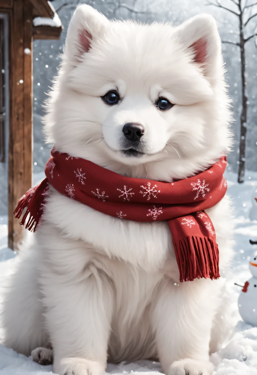 When it snows，A Samoyed puppy wearing a scarf stands next to a snowman 