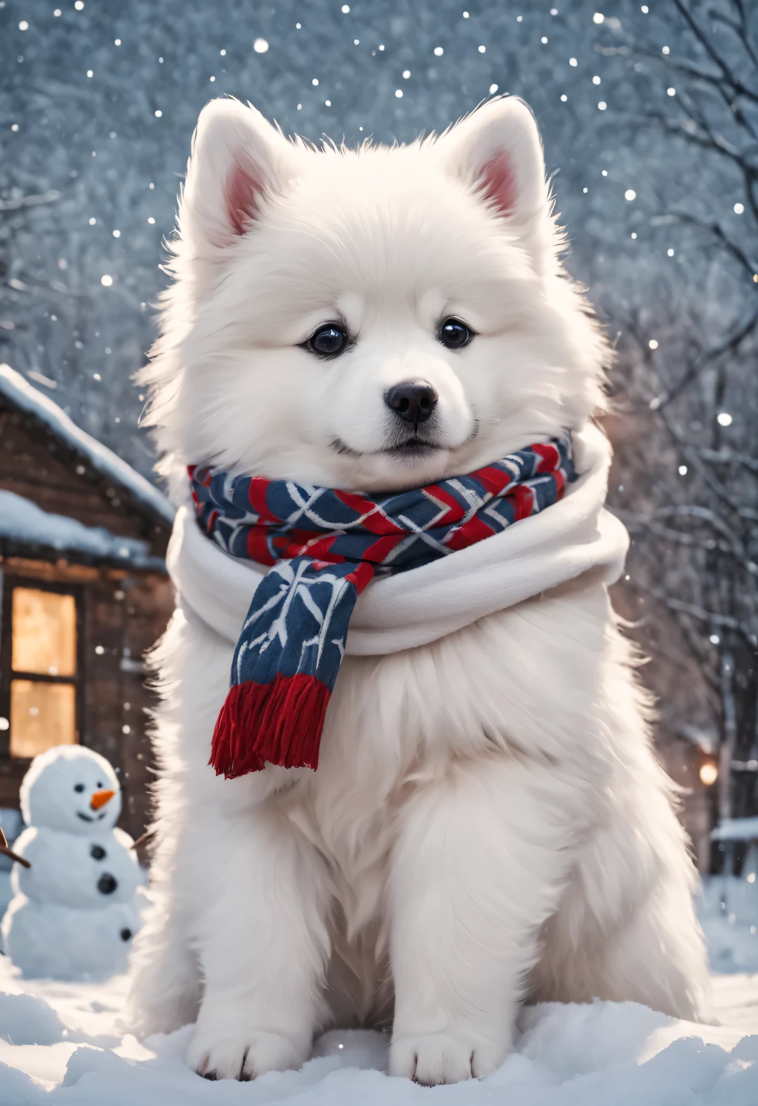 When it snows,A Samoyed puppy wearing a scarf stands next to a snowman