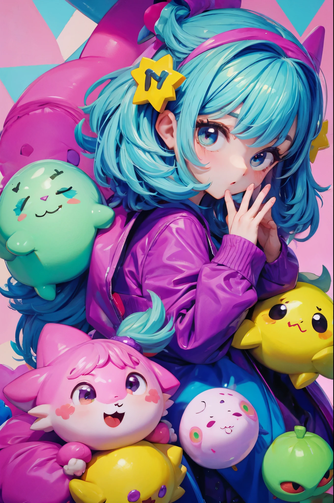 Design a cute and crazy anime-style mascot character. It should have large, sparkly eyes, a mischievous grin, and vibrant, colorful hair. The outfit should be playful and whimsical, with bright colors like pink, blue, and yellow. Add fun details like a wavy antenna or a quirky hat. The character should have a round, soft body with small limbs to enhance its cuteness.