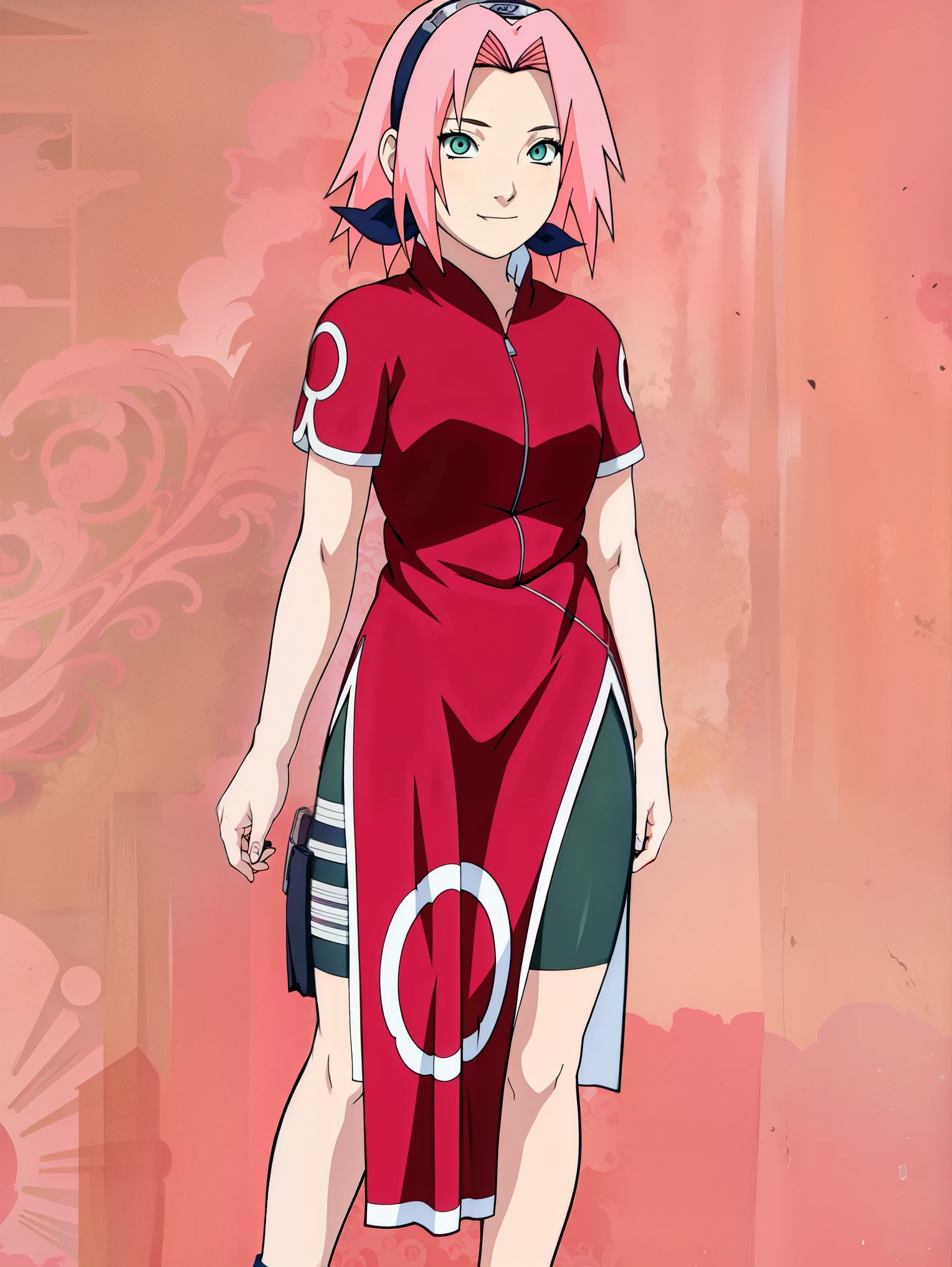 masterpiece, best quality, 1girl,haruno sakura, pink hair, long hair, green eyes, black short , short sleeves, full body, looking at viewer, sketch, smile, solo,Sakura wears a red qipao dress — at various times either with or without short sleeves — with slits along the sides accompanied by a zipper and white circular designs. She also wears tight dark green bike shorts with a shuriken holster around her right thigh, blue sandals, and the standard Konoha forehead protector worn as a hairband. Colour illustration