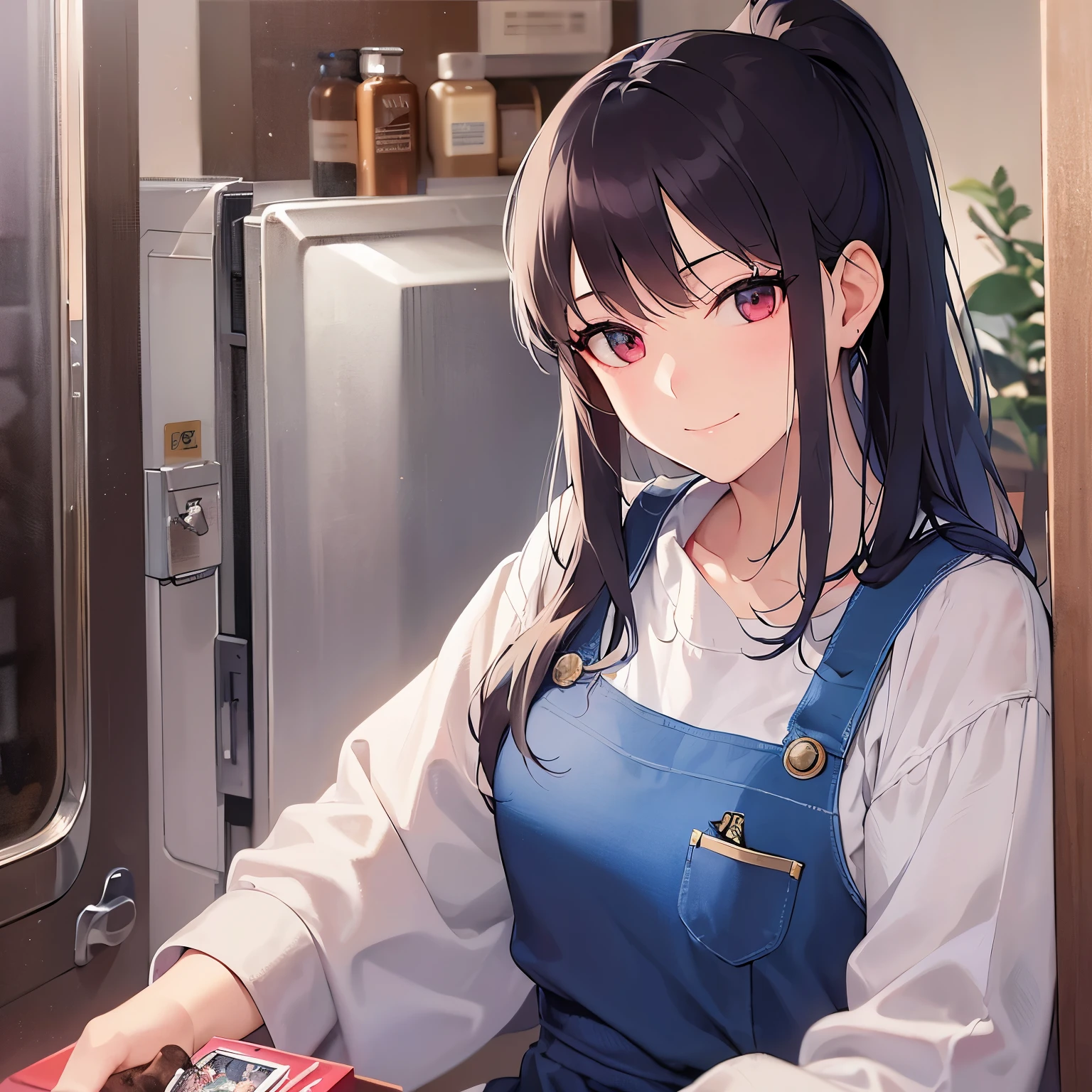 high quality、masterpiece、Realistic, real person, RAW photo, photorealistic, portrait photography, shiny skin, japanese idol、shiny hair、(25 year old woman with black bangs) and (ponytail:1.2) and (red eyes), curvy, He wears a plain white shirt with long sleeves., (wearing a red apron:1.3)、(sad smile:1.2), The background is the washroom、washing machine、shelf