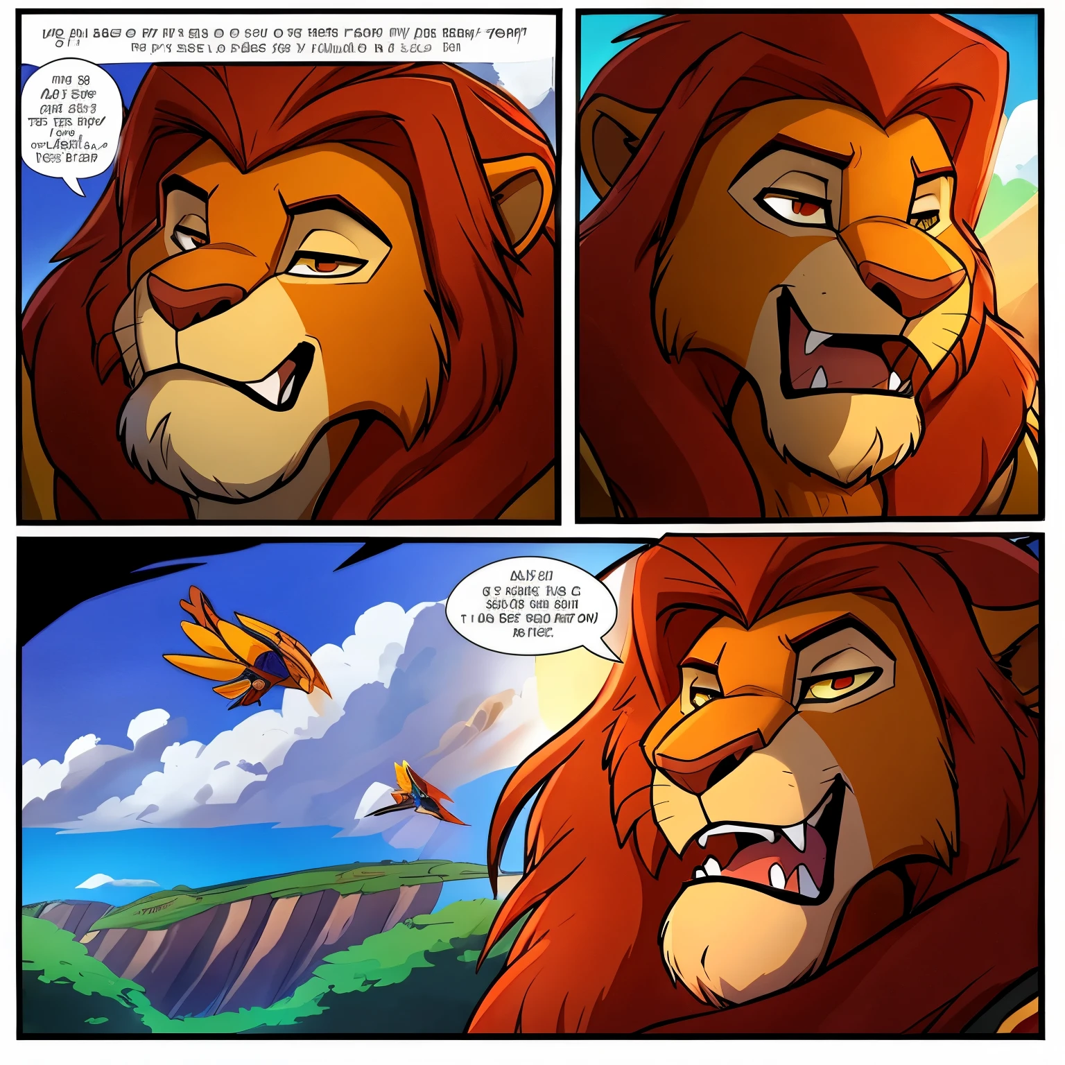 Simba about to swallow and vore a little bug character in his open mouth, close up, duo, two characters, micro/macro, drool