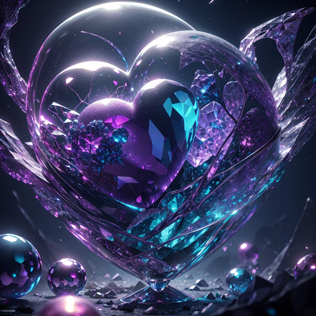 crystal heart with mini broken hearts inside, fantasy, cinema 4d, polished, colorful, intricate, eldritch, ethereal, vibrant, surrealism, surrealism, vray, nvdia ray tracing, cryengine, magical, 4k, 8k, masterpiece, crystal, glowing, orbs, iridescent