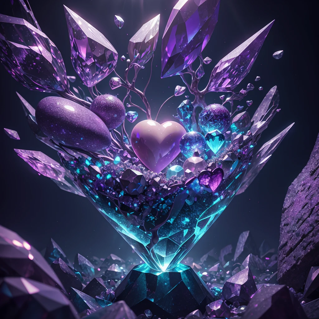 crystal heart with mini broken hearts inside, fantasy, cinema 4d, polished, colorful, intricate, eldritch, ethereal, vibrant, surrealism, surrealism, vray, nvdia ray tracing, cryengine, magical, 4k, 8k, masterpiece, crystal, glowing, orbs, iridescent
