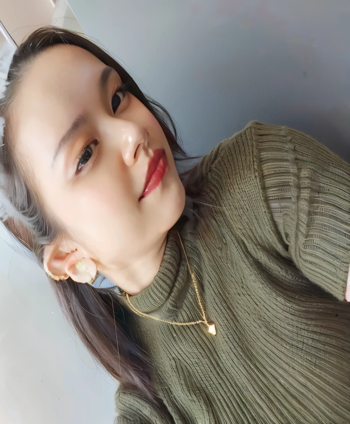 there is a woman that is wearing a green sweater and a necklace, ulzzang, 3 0 years old woman, 30 years old woman, 8k)), 19-year-old girl, profile image, xintong chen, profile pic, korean girl, attractive neck, 2 , 2 7 years oldnal profile picture