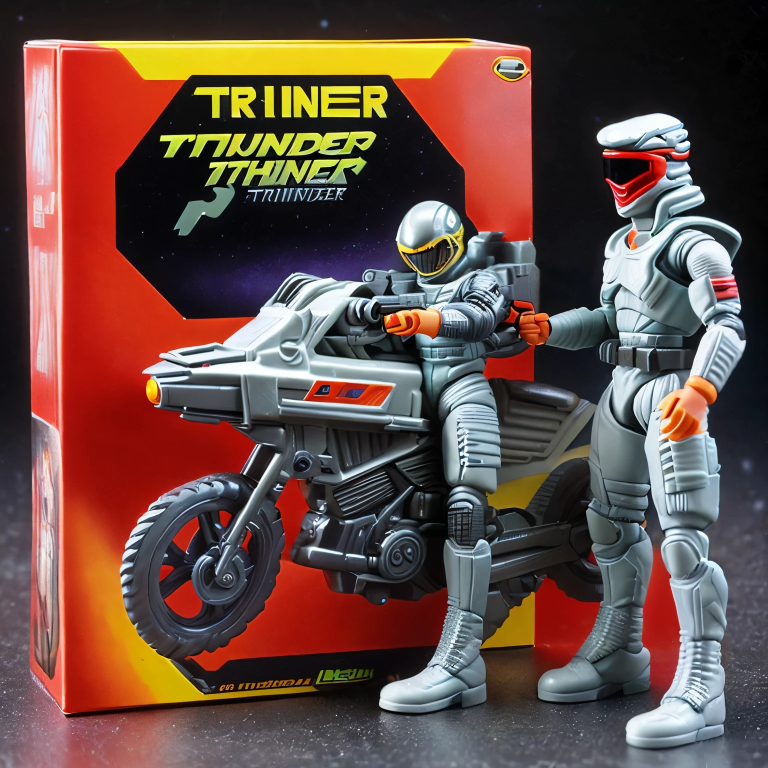 1989 "thunder Gwerner" 2 action figure and high-tech bike packaging from Action figure line based on the Alien movie, Gray-based packaging, Action figure line based on the Alien movie, Outlaw space fighter with big machine gun, 1989,
