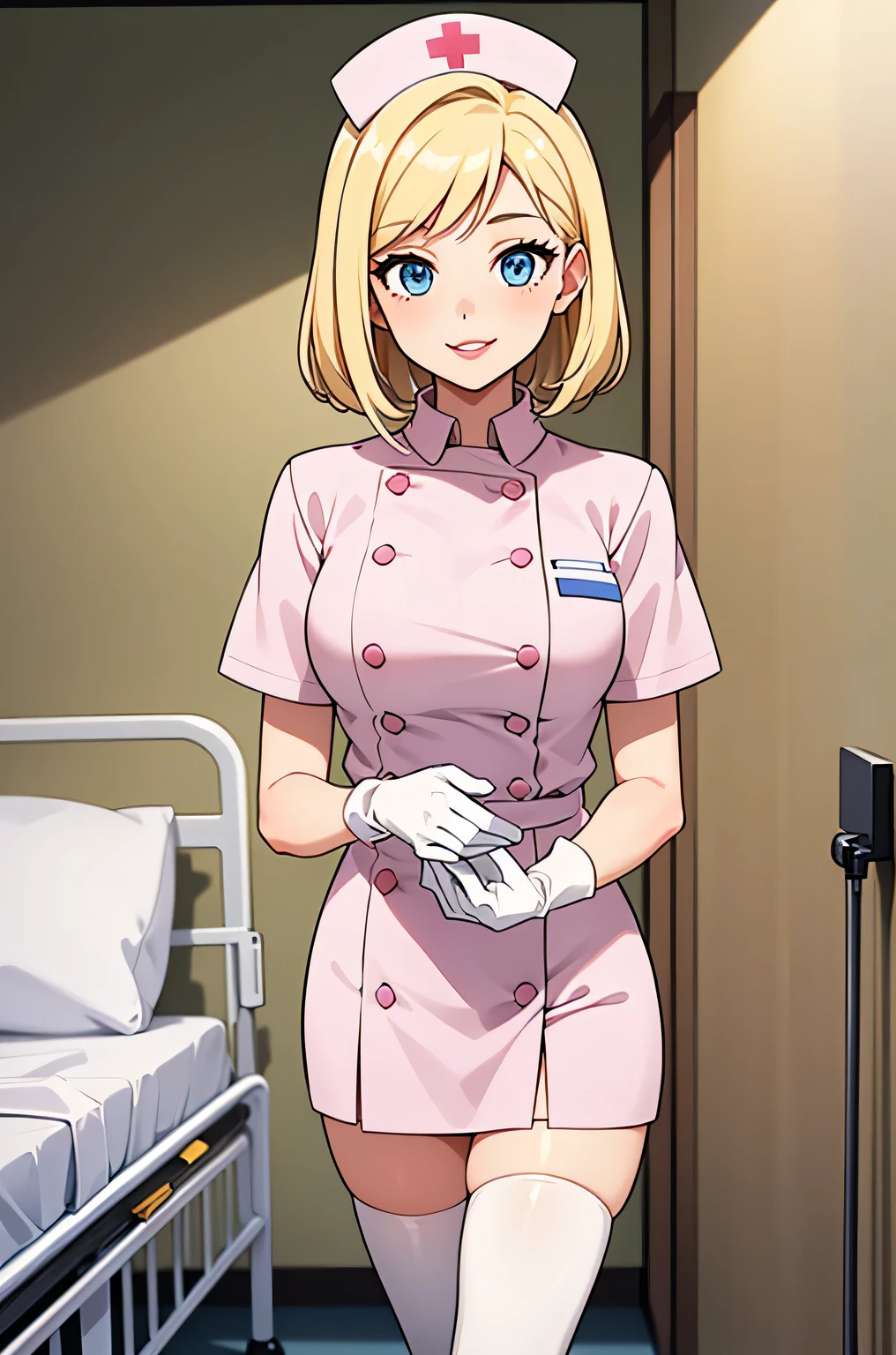 1 female, alone, nurse, nurse cap, Whiteware, ((white legwear, zettai ryouiki)), white gloves, blonde hair, blue eyes, pink lips, smile, Are standing, ((hospital room)), sharp outline, short sleeve, mature woman, 35 years old, highest quality, masterpiece