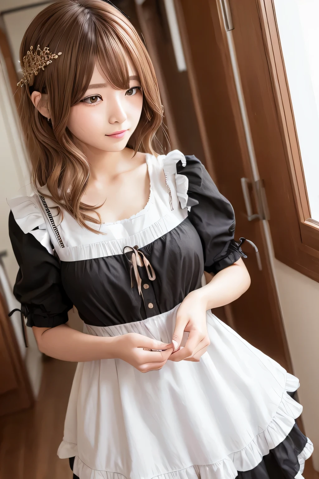 ((Maid clothes))、hair ornaments、whole body、Photo taken from below、one beautiful maid、break、(((bronze hair fringe hair)))、indoor