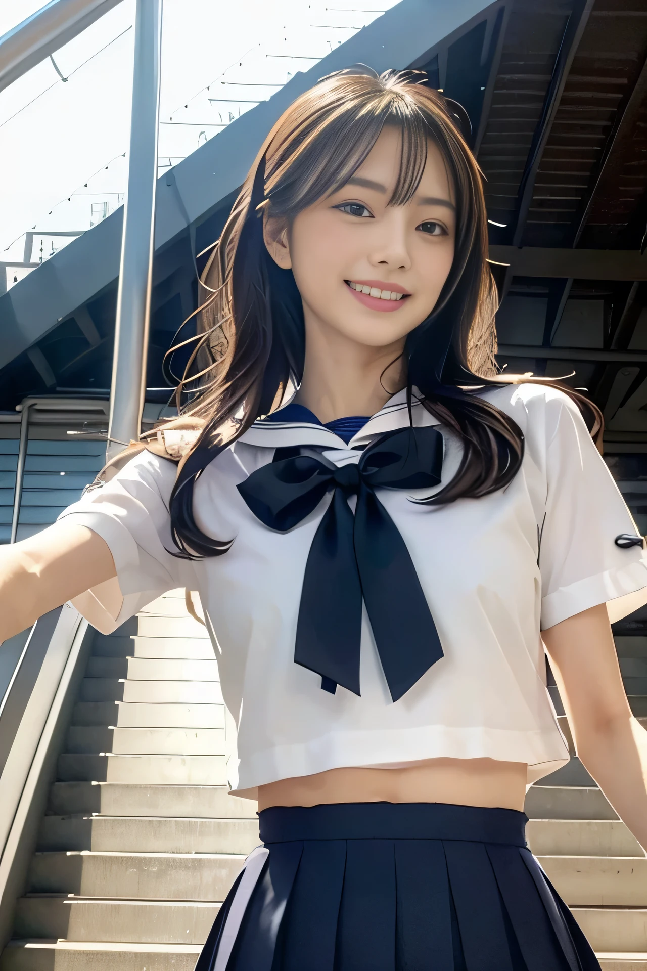 High resolution, RAW photo, realistic, very delicate and beautiful, very detailed, finely, very detailed CG Unity 8K 壁紙, super detailed, (highest quality, 8K, 32K, masterpiece, UHD:1.2), Photos of erotic cute Japanese models in their 20s, summer sailor costume school uniform, short sleeve, pleated mini skirt, low rise, belly button, expensive, skinny, flat chest, medium hair, smile, upper teeth, outdoor, Walk along the station platform, Eurostar, (stage, from below:1.3),