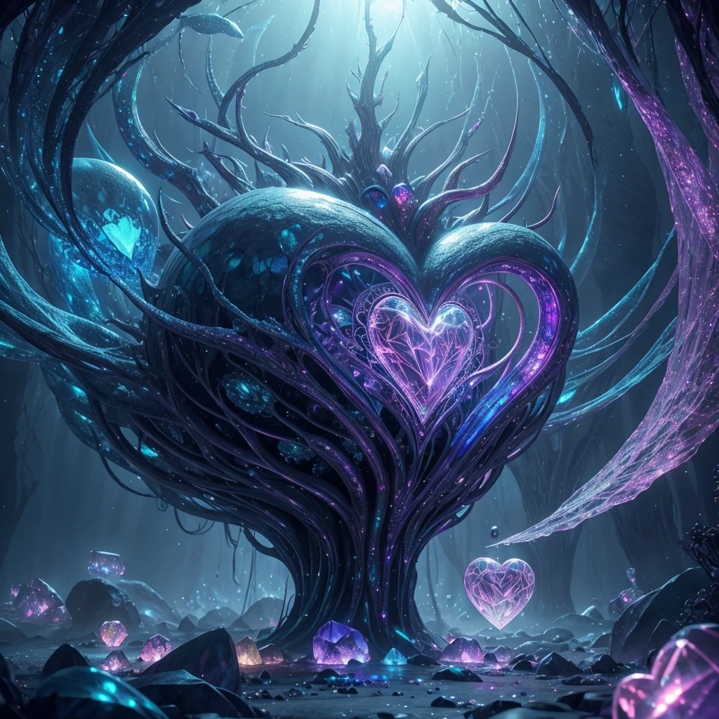 big crystal with many hearts inside, fantasy, cinema 4d, polished, colorful, intricate, eldritch, ethereal, vibrant, surrealism, surrealism, vray, nvdia ray tracing, cryengine, magical, 4k, 8k, masterpiece, glowing, iridescent, misty