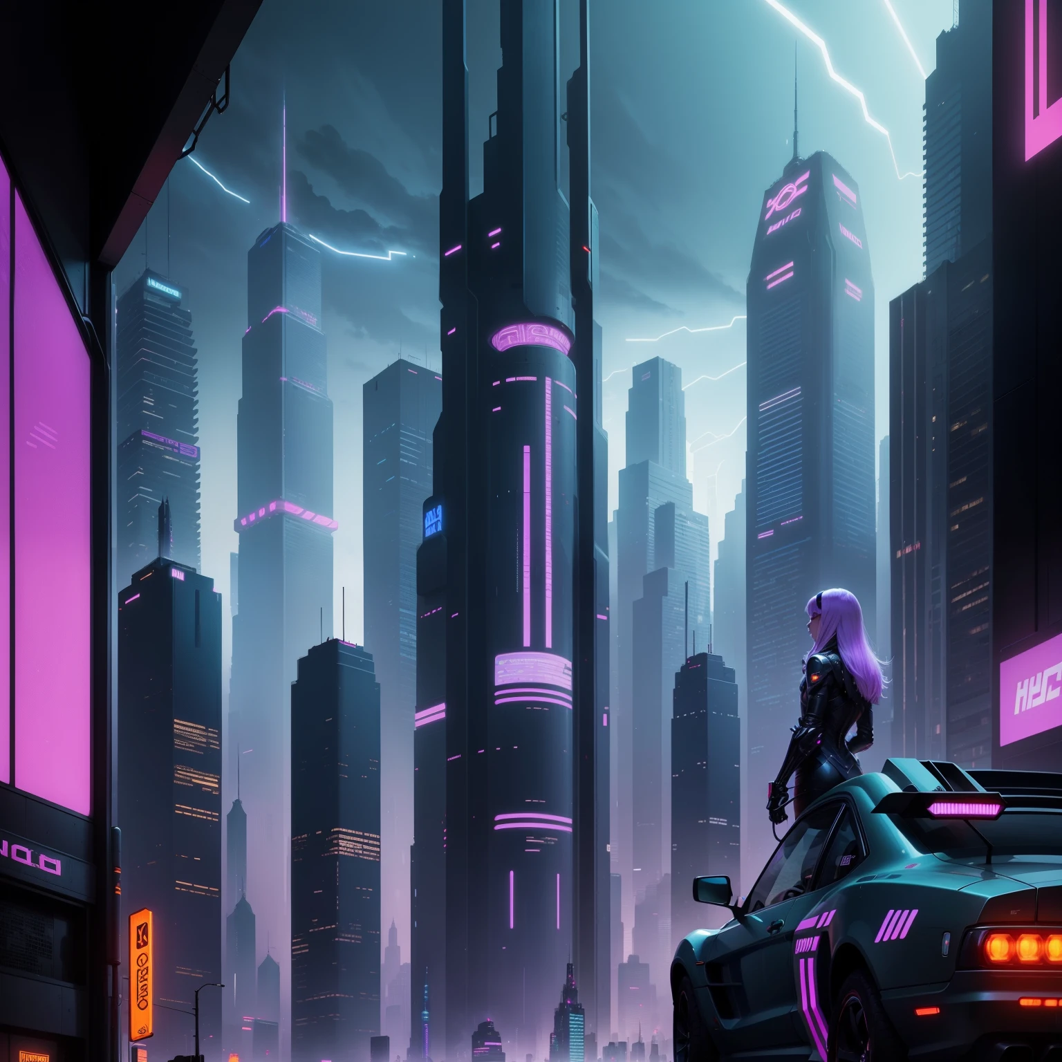 **Moebius' most famous Heavy Metal Magazine cover description A futuristic cyberpunk cityscape, with towering skyscrapers and neon, dark streets, vehicles, business, lone figure, black, cybernetic