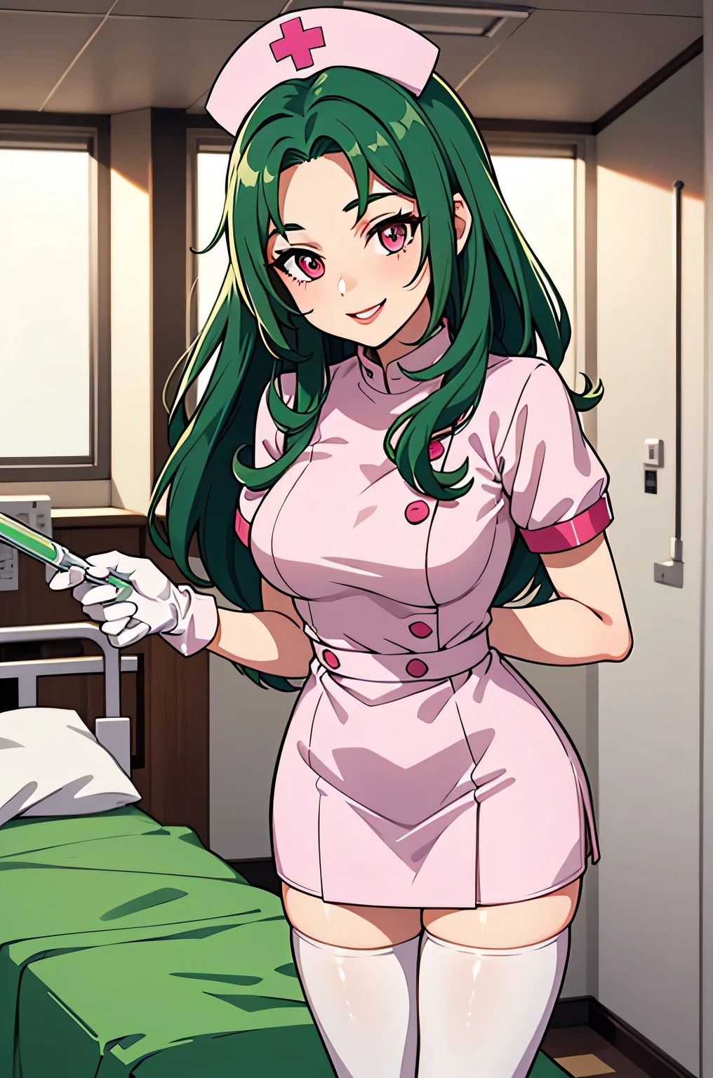 1woman, solo, nurse, white nurse cap, white nurse uniform, ((white legwear, zettai ryouiki)), white gloves, forehead, long hair, green hair, pink eyes, pink lips, smile, standing, ((hospital room)), sharp outline, short sleeves, mature female, 35 years old, best quality, masterpiece