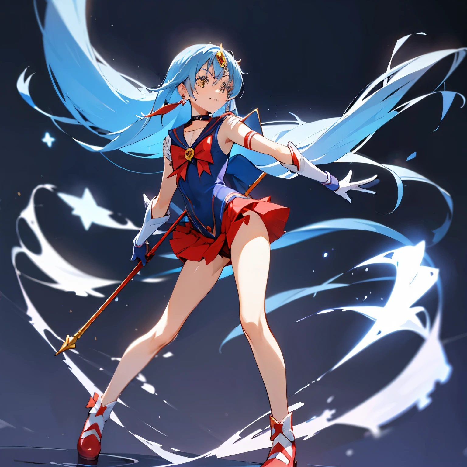a woman in a sailor suit and shoes, long hair, smile, skirt, blue hair, gloves, bow, very long hair, closed mouth, standing, full body, pleated skirt, earrings, choker, elbow gloves, white gloves, miniskirt, sailor collar, star (symbol), golden eyes, leotard, bare legs, red skirt, magical girl, tiara, black background, red footwear, purple bow, red choker, star earrings, sailor senshi uniform, red sailor collar, Rimuru Tempest