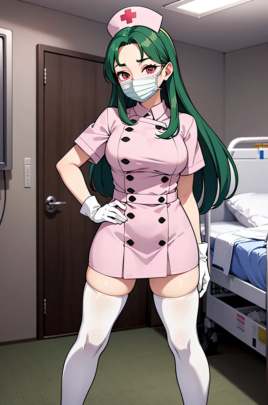 1 female, alone, nurse, nurse cap, Whiteware, ((white legwear, zettai ryouiki)), white gloves, amount, long hair, green hair, pink eyes, ((white surgical mask, Covered nose)), Are standing, ((hospital room)), sharp outline, short sleeve, mature woman, 35 years old, highest quality, masterpiece