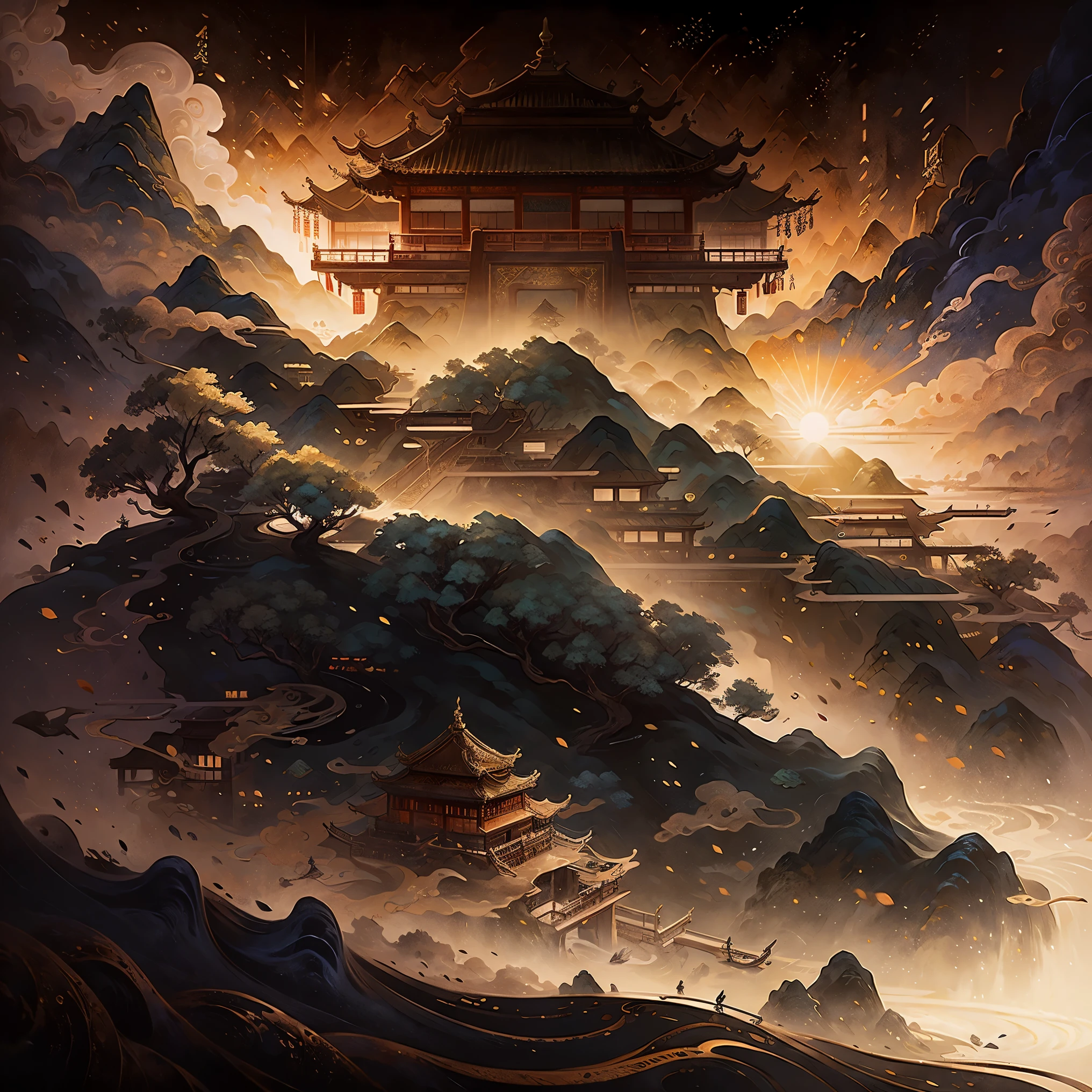 chinese wind mountains, rivers, auspicious clouds, pavilions, The sunlight, masterspiece, super-detail, Epic composition, ultra hd, highs quality, Ultra detailded, Official Art, 统一 8k 壁纸, super-detail, 32K