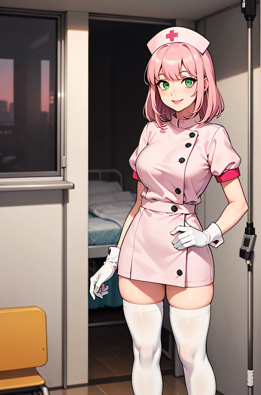 1 female, alone, nurse, nurse cap, Whiteware, ((white legwear, zettai ryouiki)), white gloves, pink hair, green eyes, droopy eyes, pink lips, smile, Are standing, ((hospital room)), sharp outline, short sleeve, mature woman, 32 years old, highest quality, masterpiece