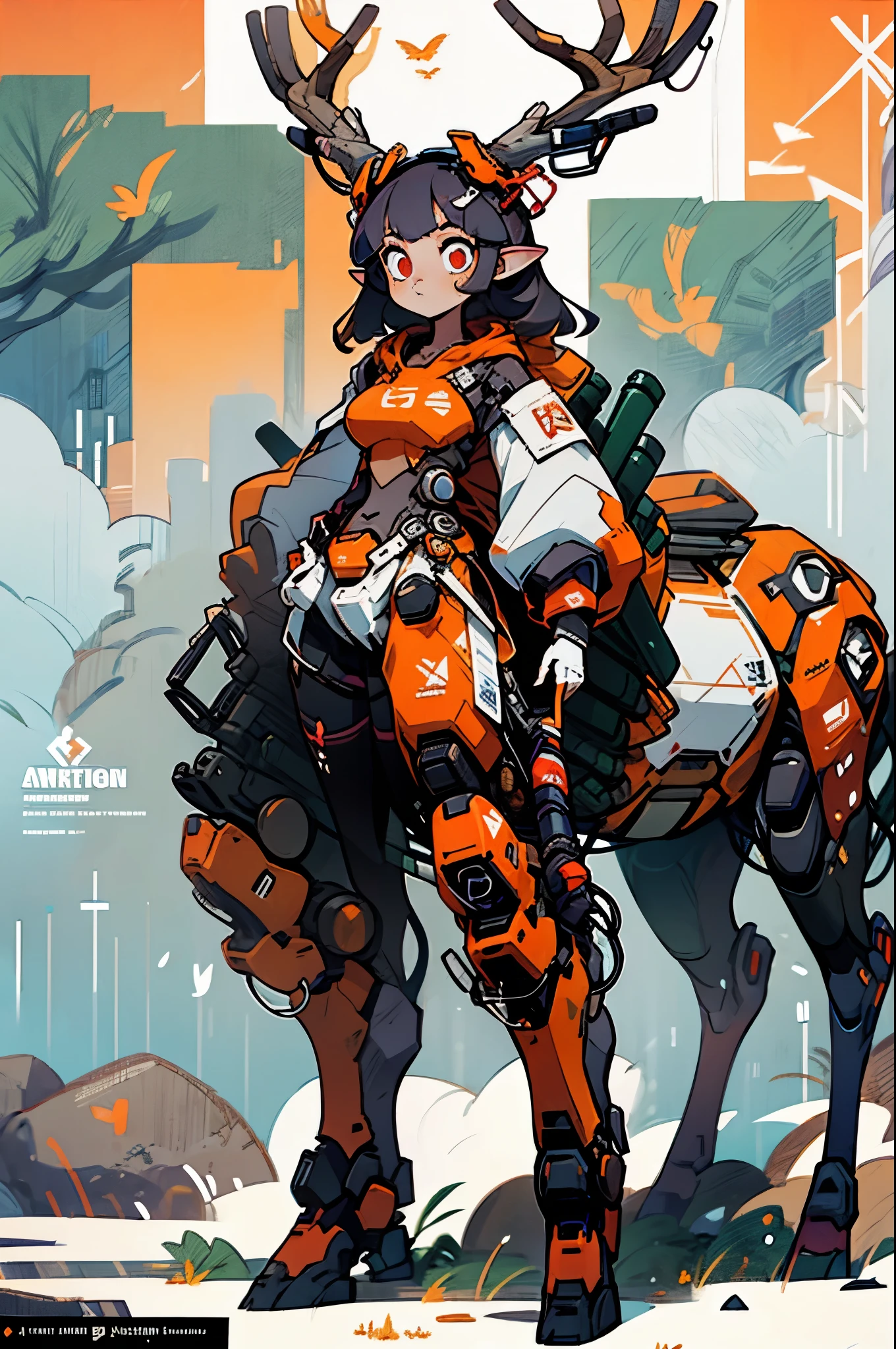 masterpiece, (1girl), extremely detailed female character, full body shot, best quality, dnd, dungeons and dragons, (curvy, athletic, pointy ears), (deer, deer ear, anthro, horns, glowing eyes), (magazine title, text), (magazine:1.3), medieval era, fantasy clothes, anime style, (medieval mecha sci-fi suit, autumn forest background, destroyed town, action pose), (nsfw:0.5)