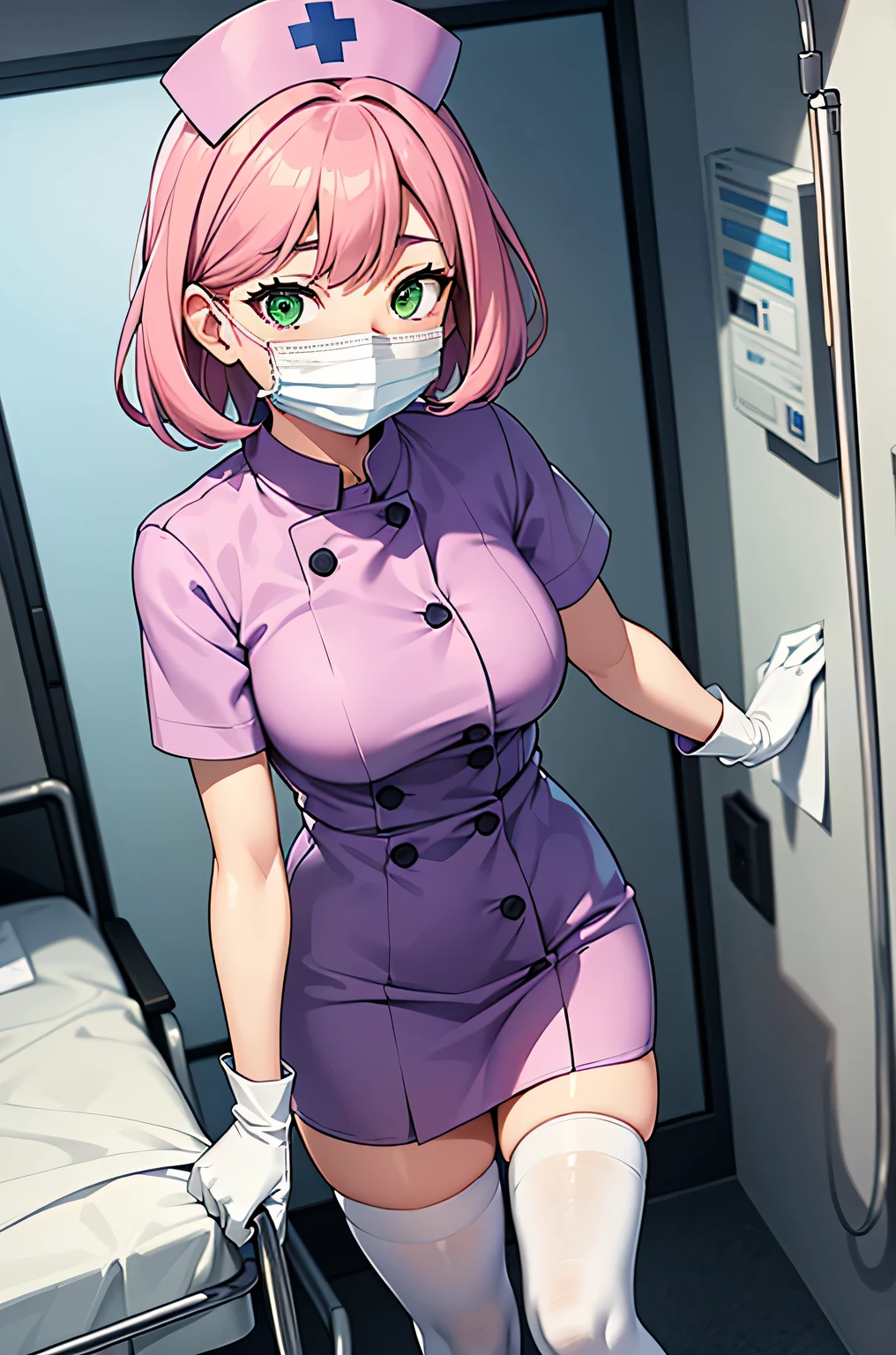 1 female, alone, nurse, nurse cap, Whiteware, ((white legwear, zettai ryouiki)), white gloves, pink hair, green eyes, droopy eyes, ((white surgical mask, Covered nose)), Are standing, ((hospital room)), sharp outline, short sleeve, mature woman, 32 years old, highest quality, masterpiece