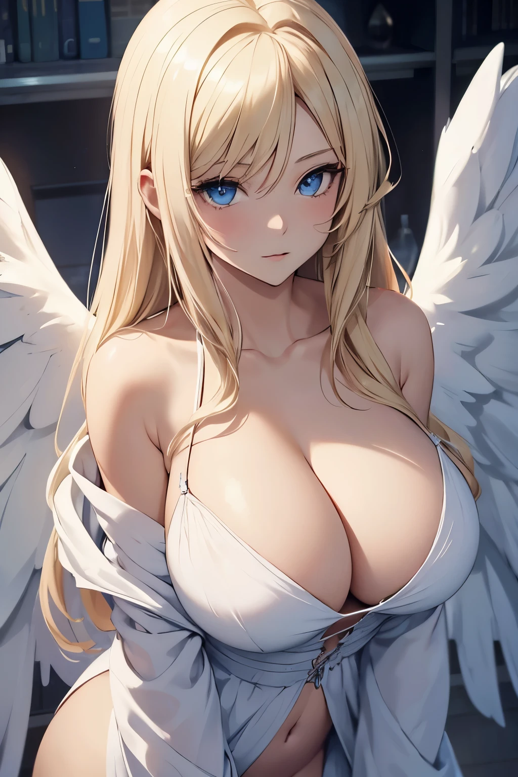 Beautiful woman, sky, blonde hair, blue eyes, angel, wings, white robe, big breasts, cleavage,